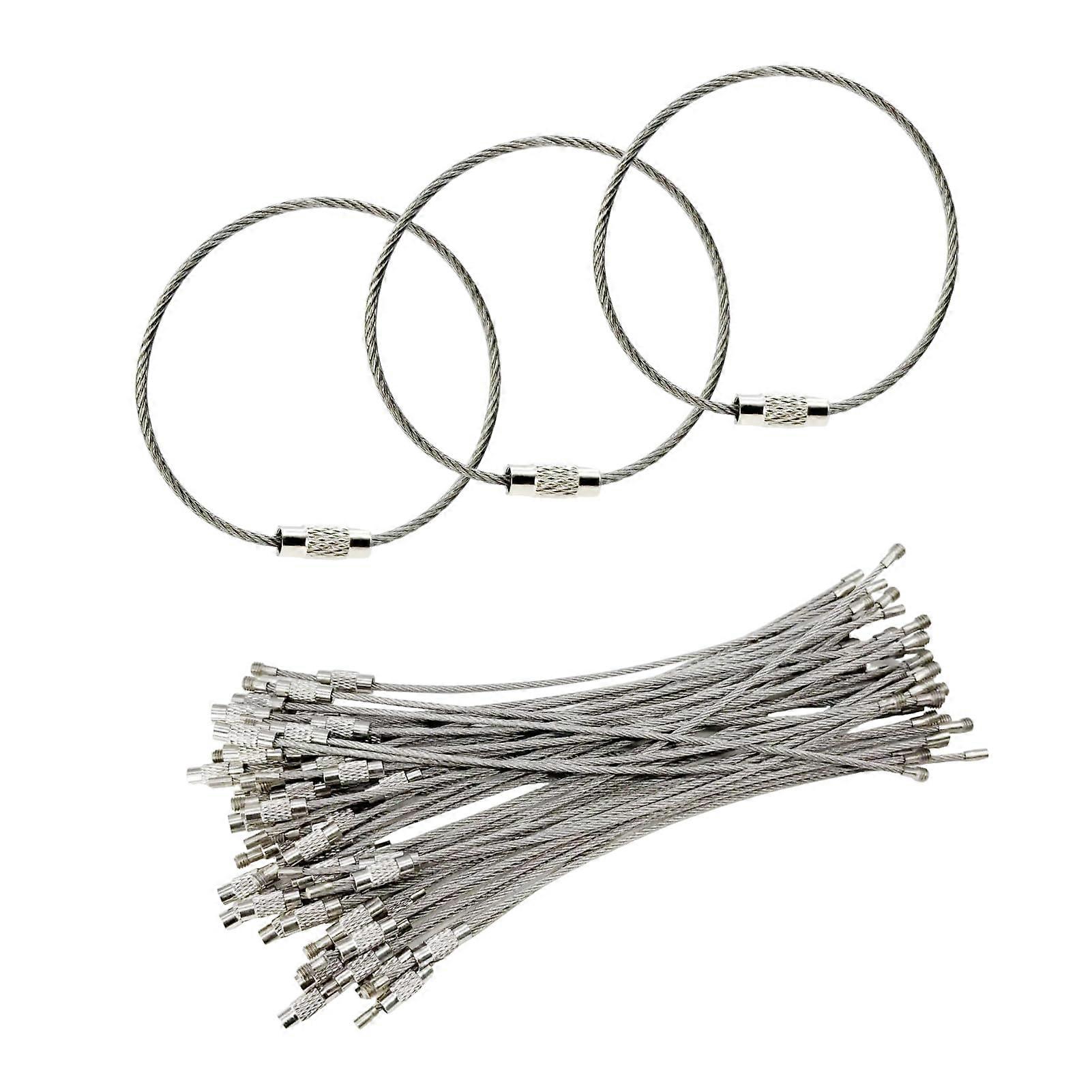 50个不锈钢钢丝绳钥匙扣,钥匙圈连接器,15厘米钢丝绳钥匙圈带十字扣,大号钥匙圈用于DIY钥匙链,行李牌,银色