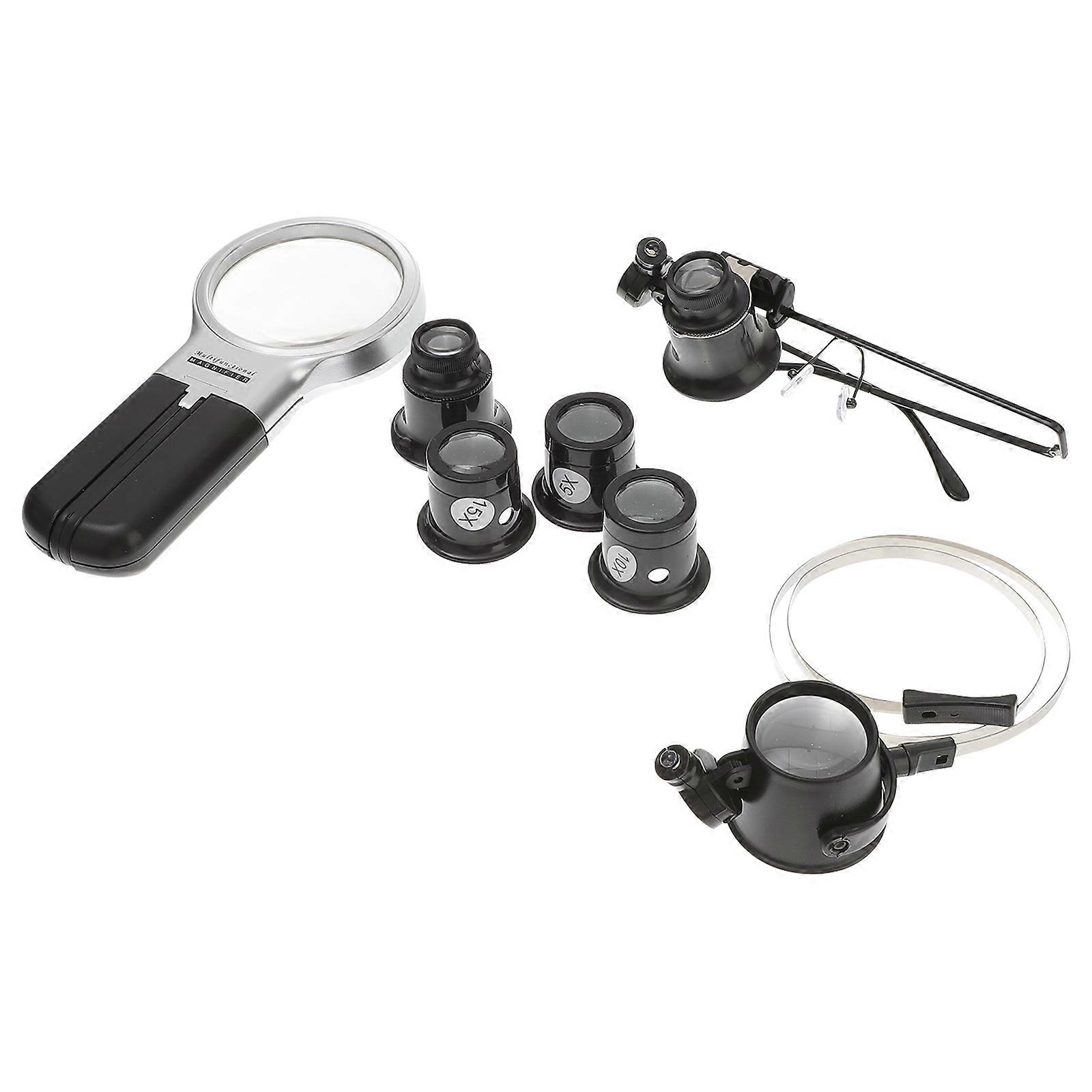 7pcs Portable Magnifying Glass Mini Watch Repair Microscope Jewelery Currency Detecting Magnifier (15x, 5x, 10x, 20x, Finger Magnifier 15x LED and