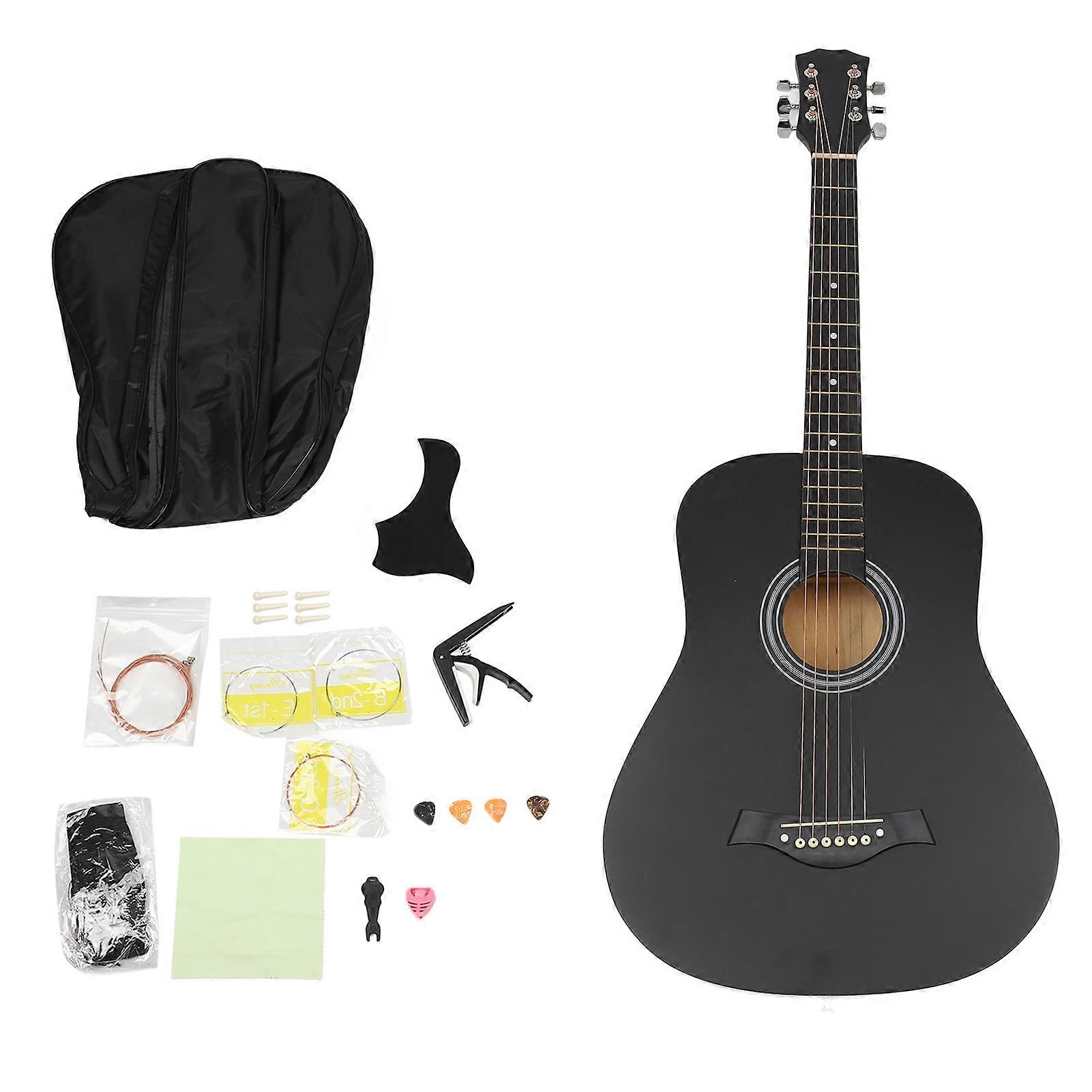 Acoustic Guitar Kit 38 Inch Black Matte Rounded Folk Guitar with Spare Strings Capo Picks Guard Plate Carrying Case