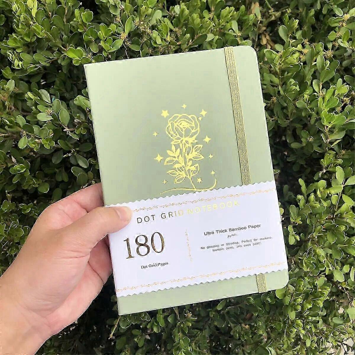 Bullet Dotted Notebook Forest Green PU Cover Fresh Flower Watercolor Sketchbook Journal 180gsm Bamboo Paper Dot Grid Pages