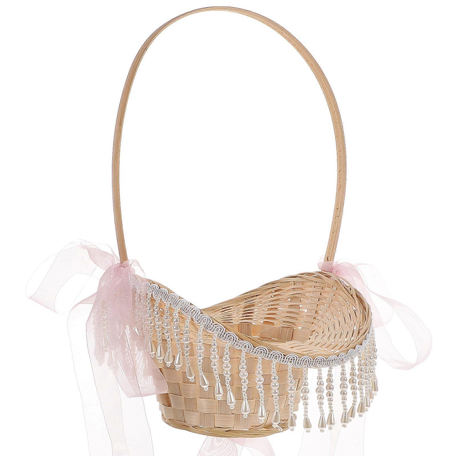 Woven Bamboo Basket Pink Picnic Basket with Handle Multi-Use Decor