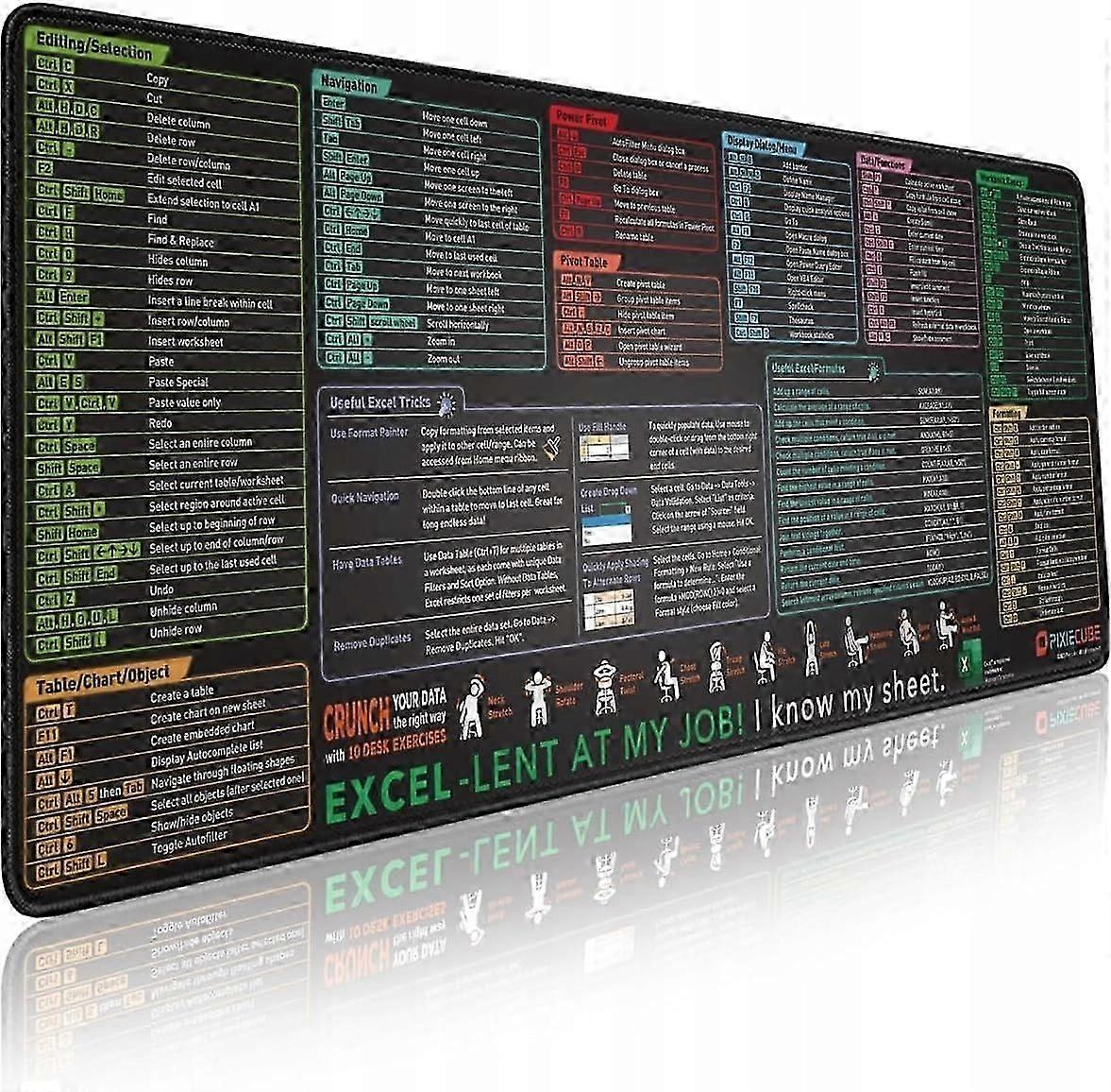 Excel Mouse Pad With Shortcut Keys - Extended Large Cheat Sheet