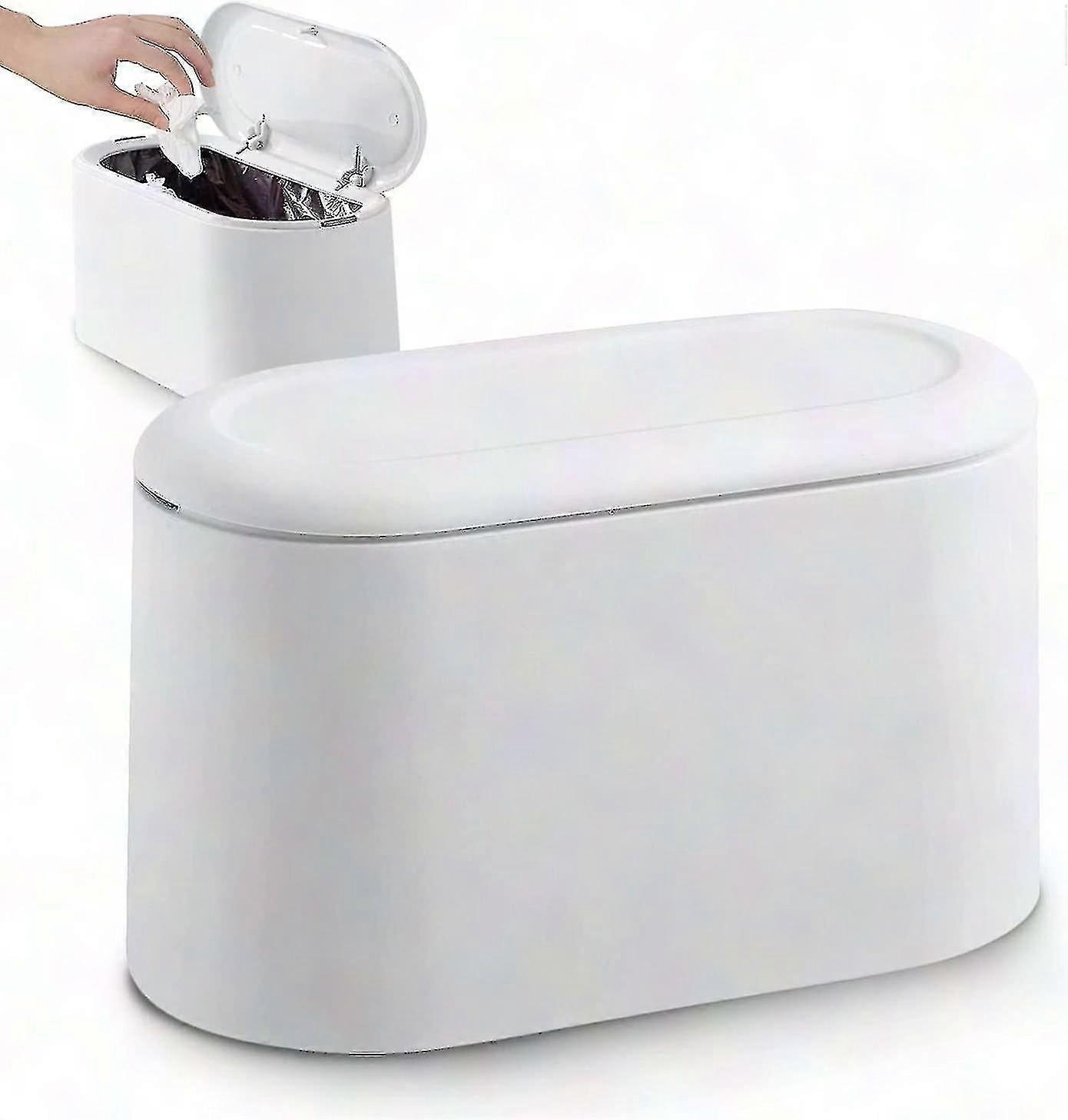 Small Push-Button Trash Can for Office, Bathroom, Kitchen & Bedroom - White Tabletop Bin with Lid