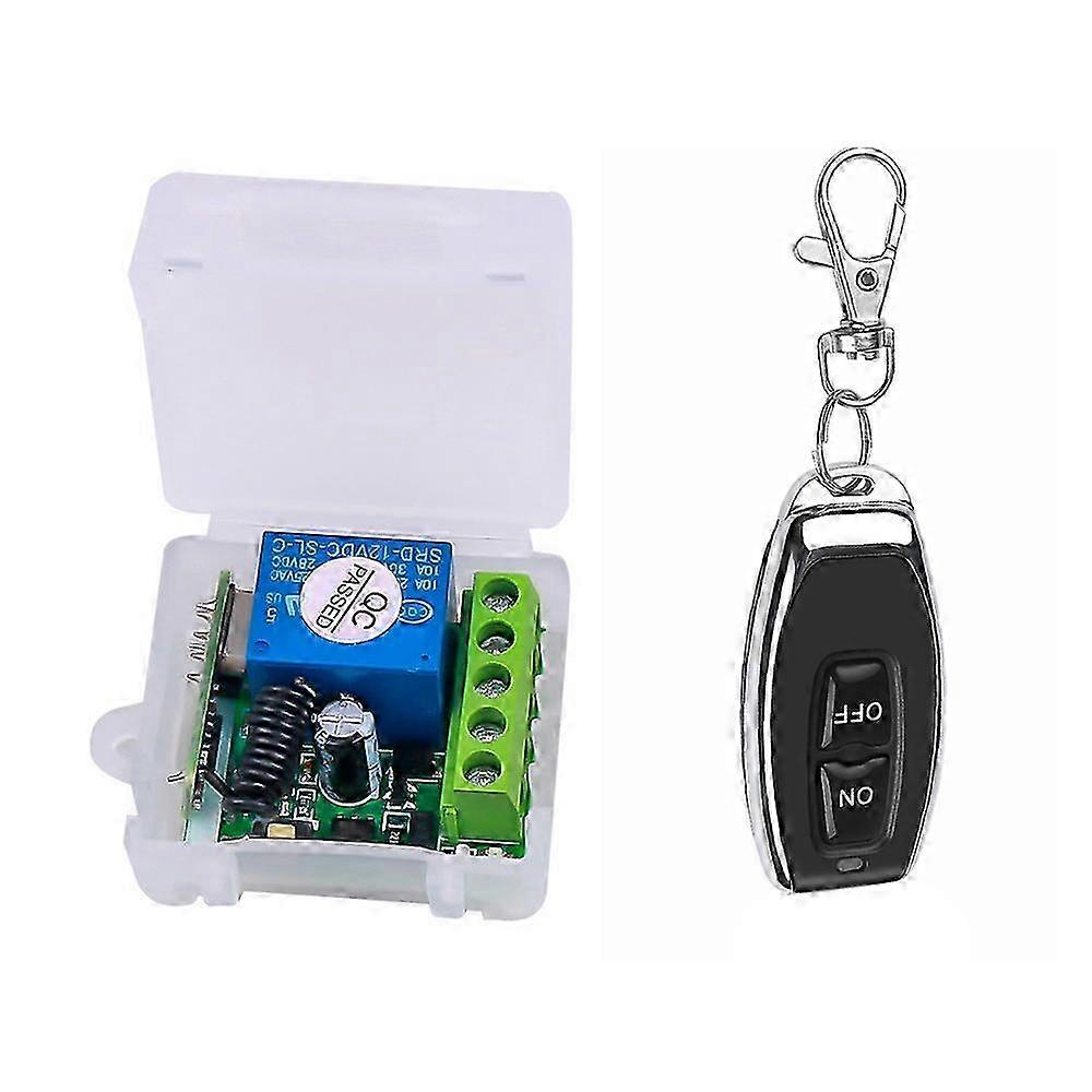 A DC 12V single-channel relay module and universal wireless switch RF relay receiver with 1 remote controller.