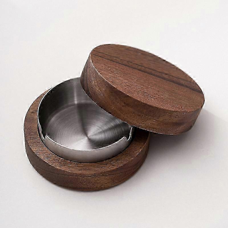 Walnut Wood Ashtray with Lid, Portable Windproof Design for Cigars, Deodorizing Feature, Elegant Silver Tone Finish