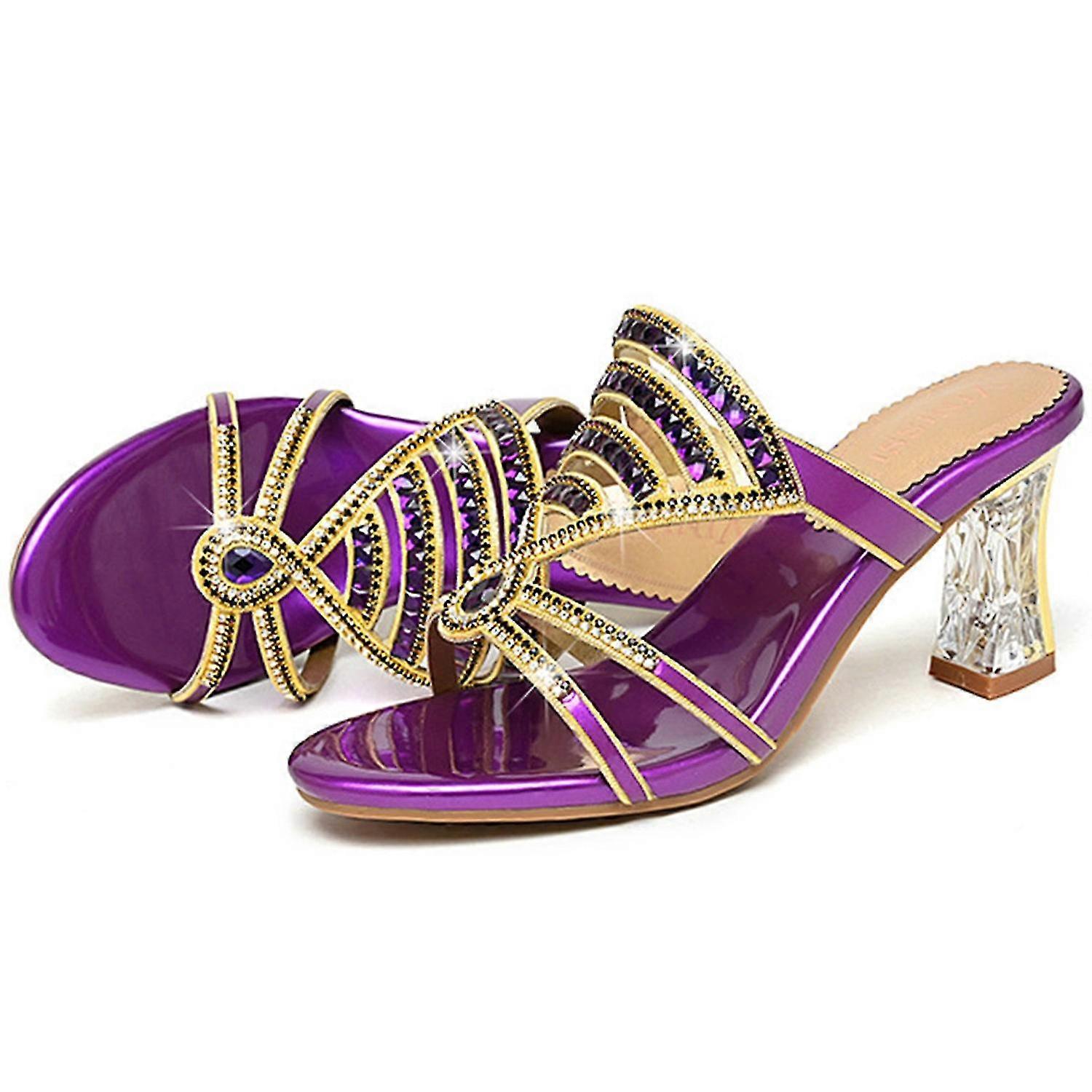 2025 Women's Strappy Rhinestones Block Heel Slide Sandals Sparkle Bling Open Round Toe Slip On Crystal Mu