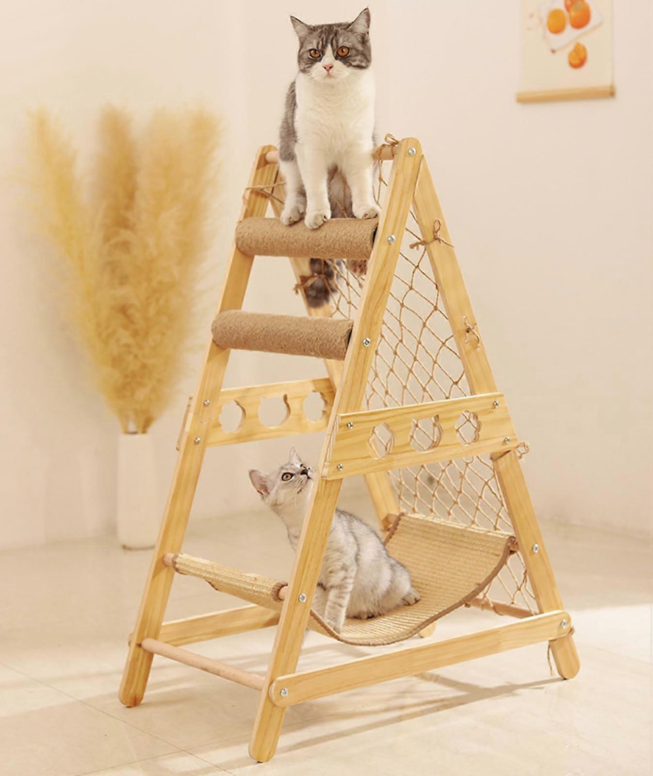 85CM Cat Tree Tower Pet Scratching Post Climbing Activity Centre With Hammock Triangular Solid Wood Frame