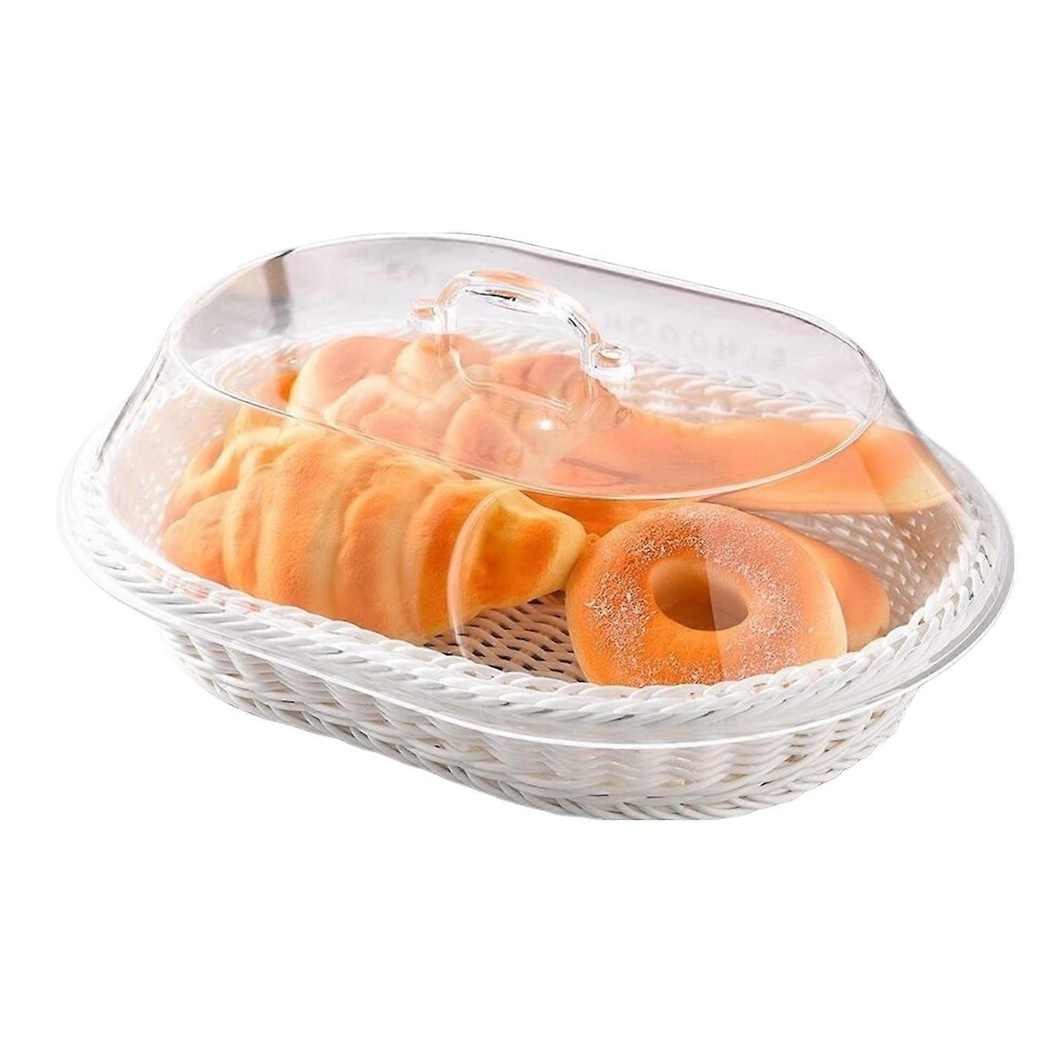 Imitation Rattan Bread Basket with Acrylic Lid for Food Storage Serving Multifunctional Woven Meal