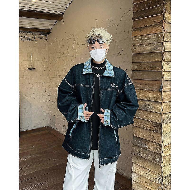 Retro Color-Blocking Checkered Lapel Jacket, Denim Jacket, Men's Spring And Autumn Loose And High-End Baseball Jacket, Work Jacket