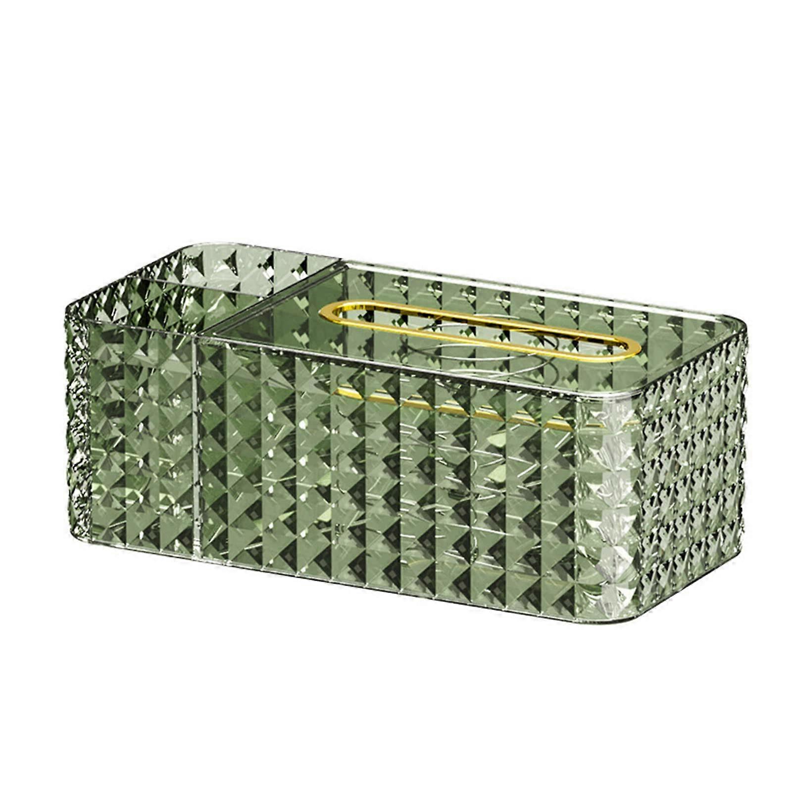 Tissue Storage Box ThreeCompartment With Spring Paper Roll Pen Holder Dark Green Light GoldEdged Diamonds Pattern
