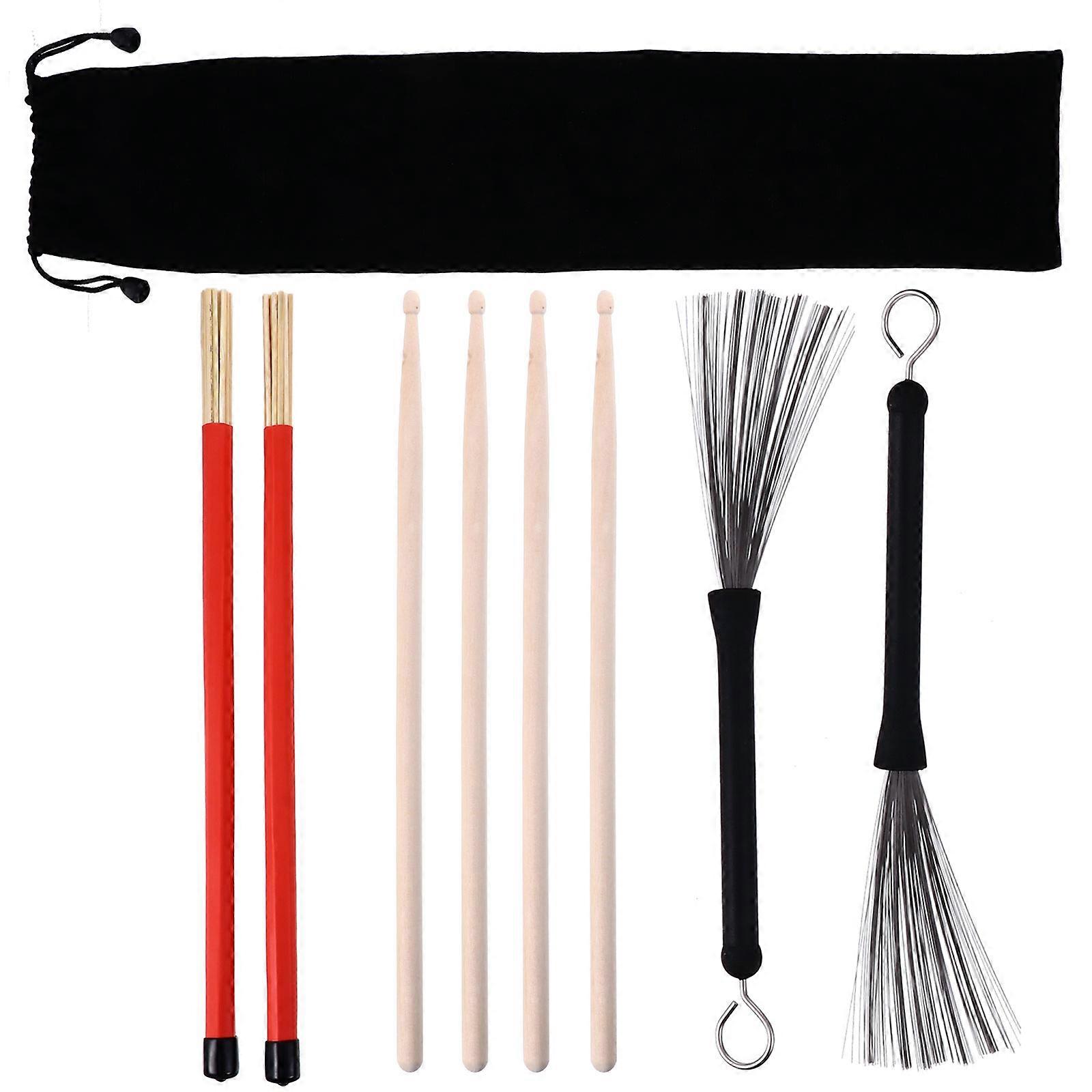 Drum Stick Rods Bamboo Brush for Drum Use 2Sets with Steel Wire Brush