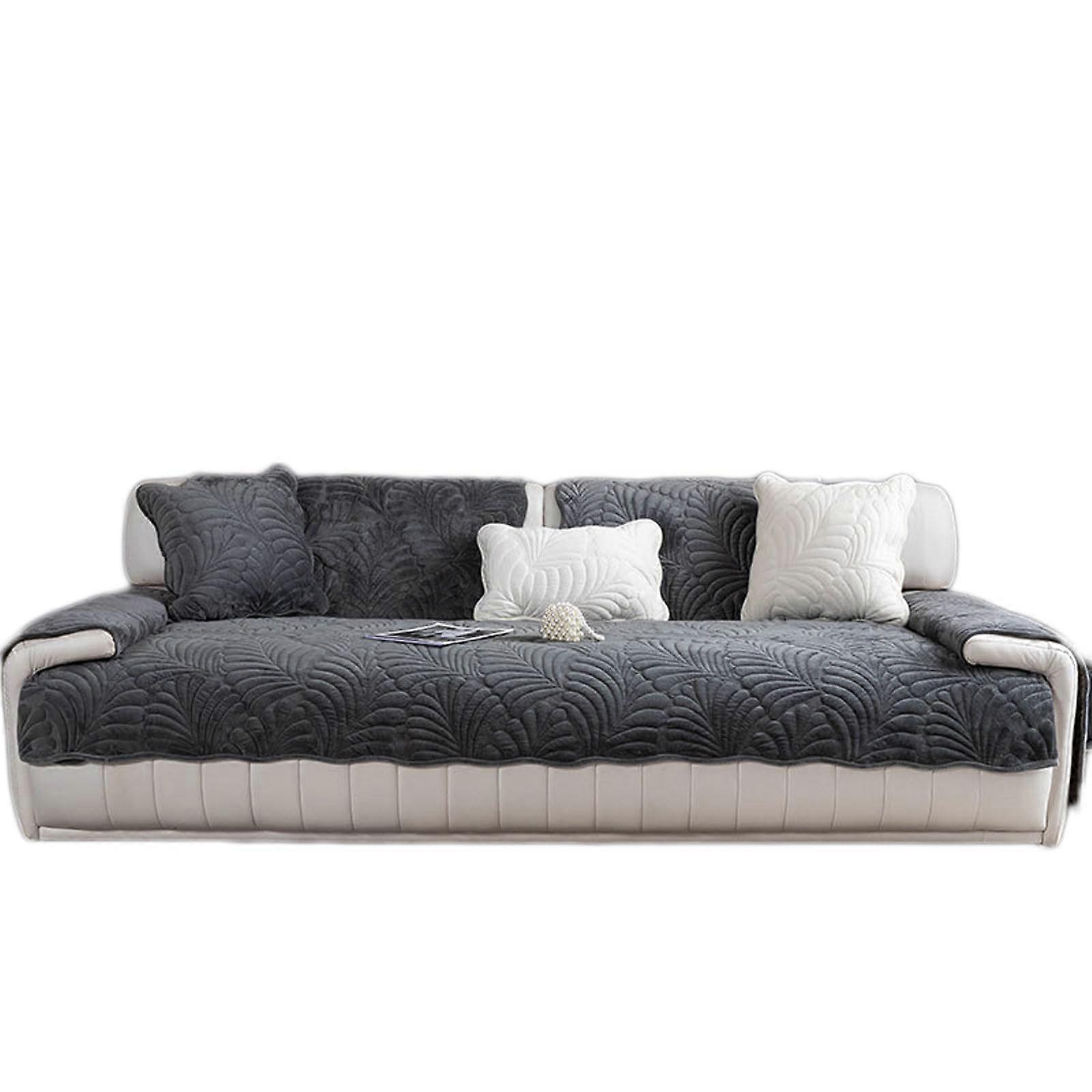 Winter Plush Sofa Cushion Thick Flannel Non Slip Solid Color 90 X 210 CM Black Gray