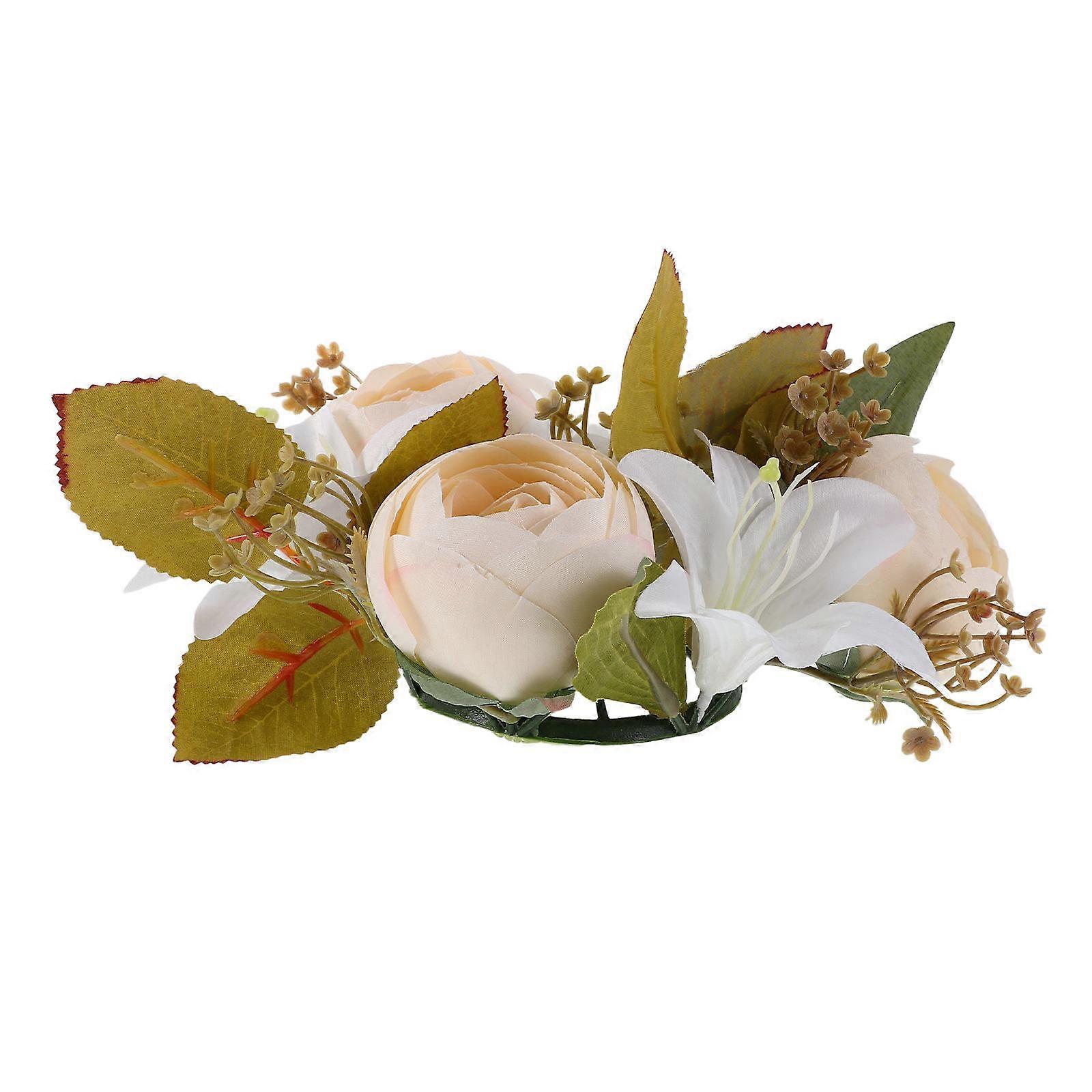 Beige Artificial Rose Candle Wreath for Dining Table Decor 2Pcs