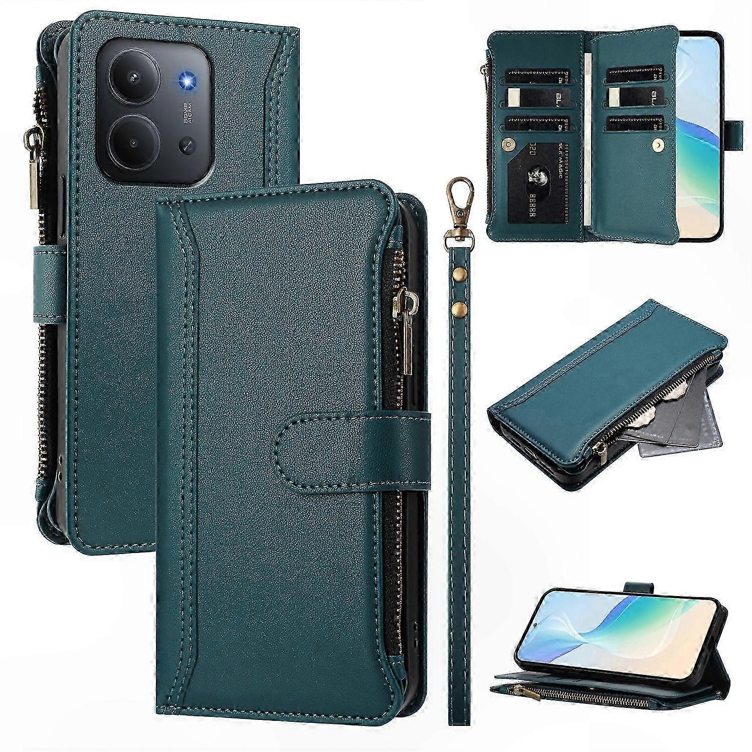 Leather Wallet Case with 9 Card Slots and Zipper for 171mm Phones, Stand Function Phone Cover Compatible with 4G Models