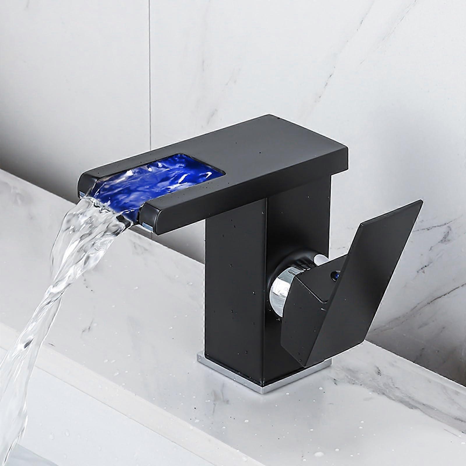 LED Bathroom Sink Faucet Waterfall, SingleHandle Vanity, 3Color LED Light Changing, Hydropower, Includes Hoses, Black