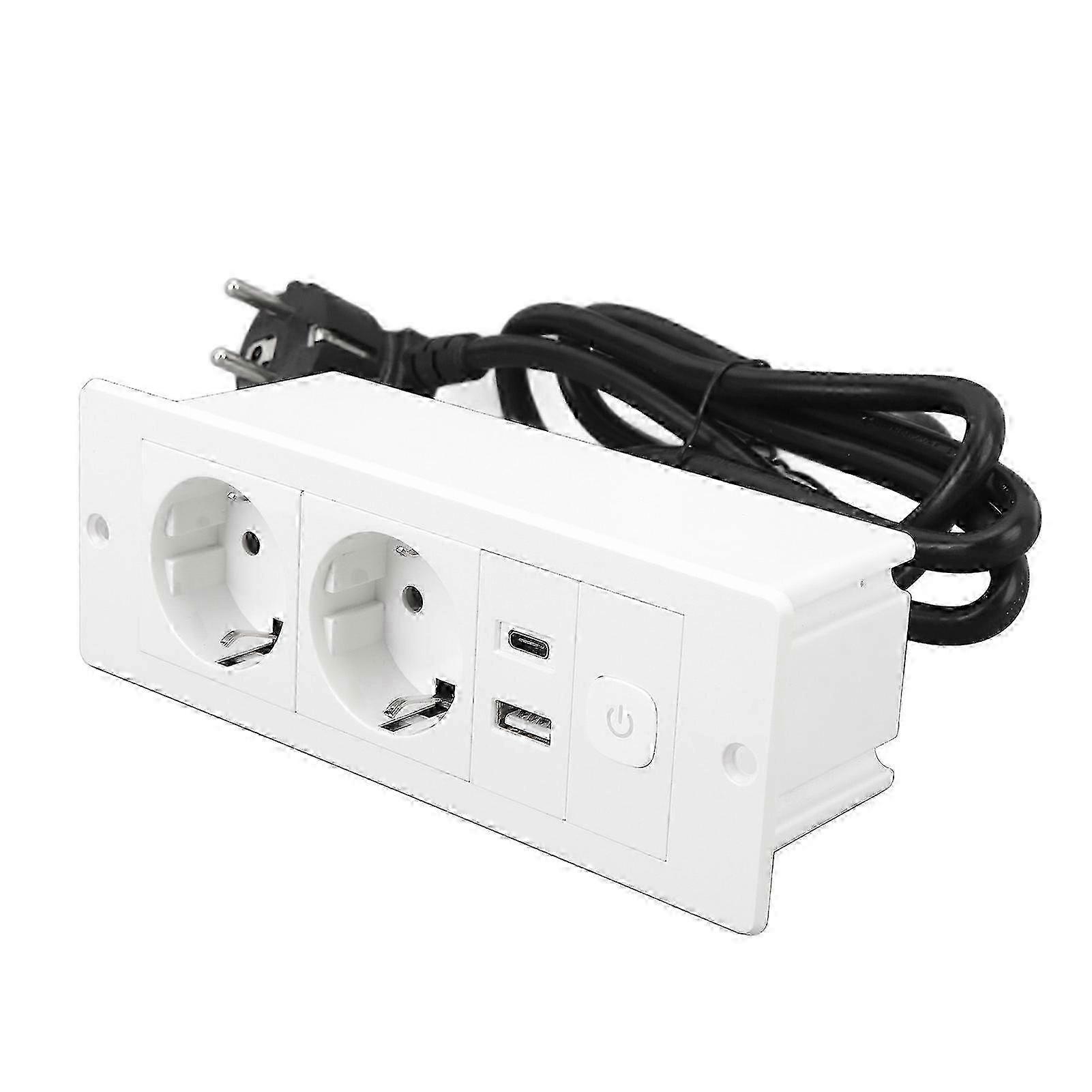 Recessed Power Strip 3 in 1 USB Type C Socket Embedded Desktop Outlet with Switch and Cable for Countertop Conference Table Office Home