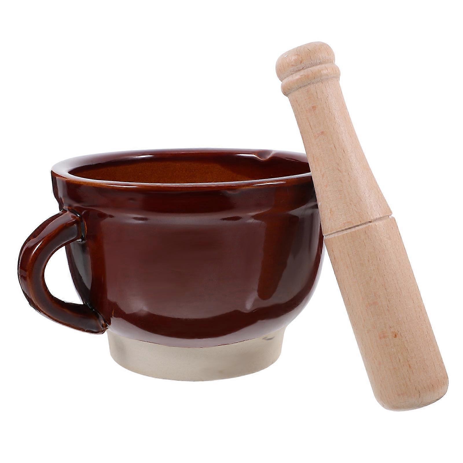 Kitchen Garlic Grinding Bowl Ceramic Tool for Mashing 1Set Brown