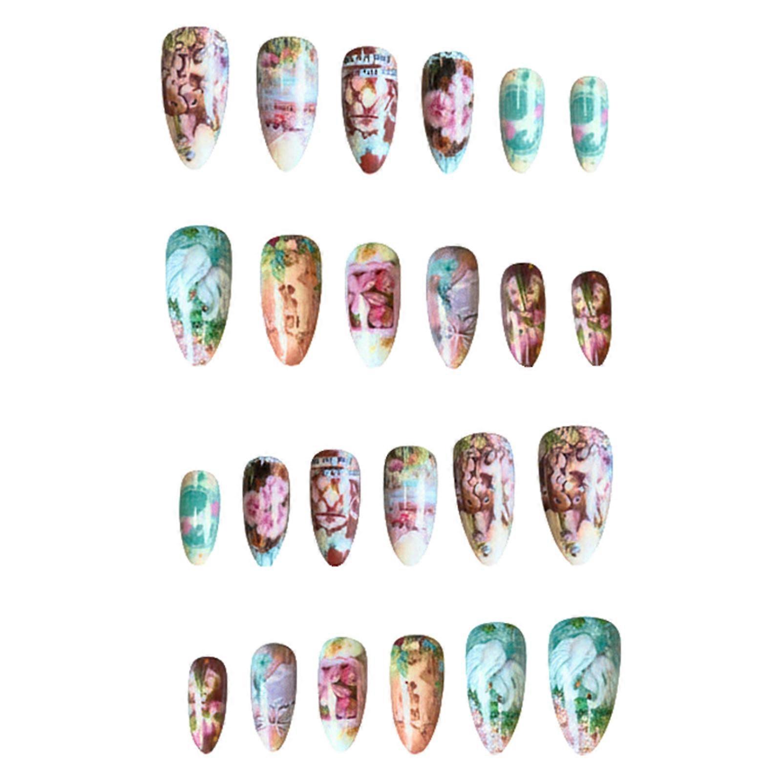 24PCS Almond Shape False Nails with Swan and Rabbit Designs Press On Nails for