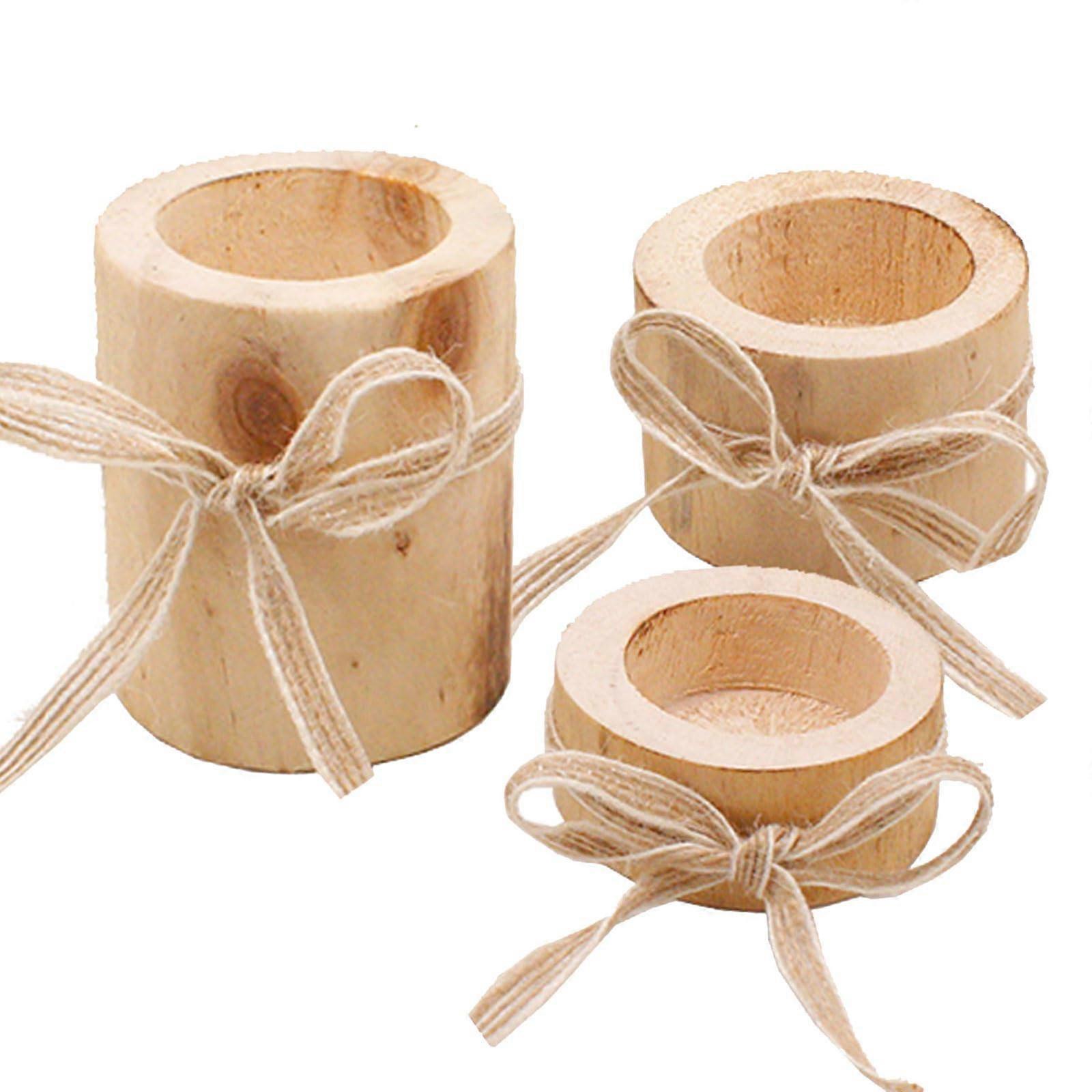 Set Of 3 Wooden Candle Stands Natural Wood Texture Rustic Style Three Piece Candle Holder Set
