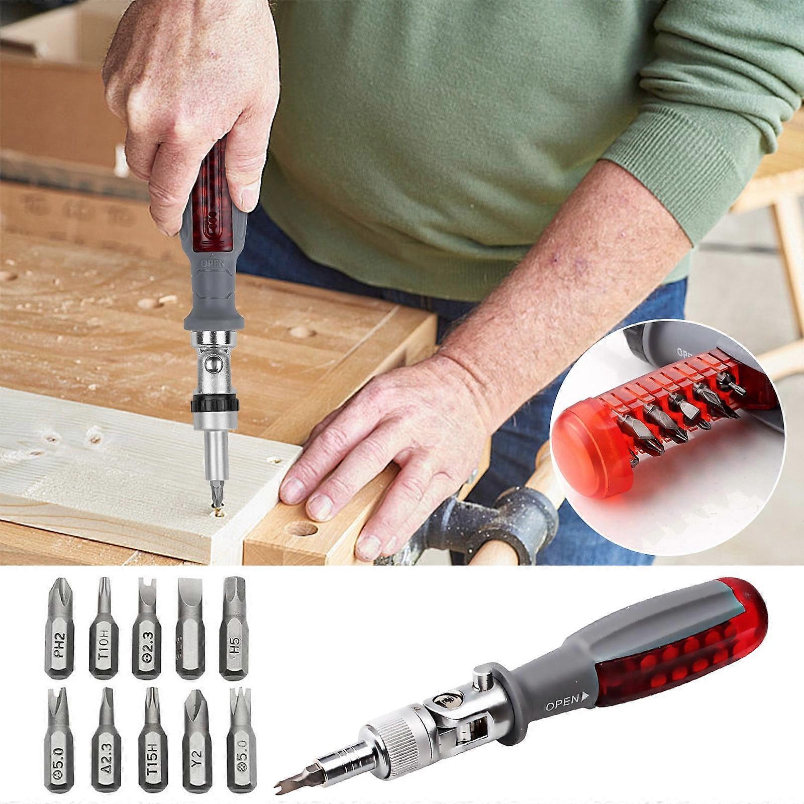 Ratcheting Screwdriver with Magnetic Bit Ratchet Multi Bit Set 10 in 1 Screwdriver Small Pocket Stubby Design, Home Improvement Clearance