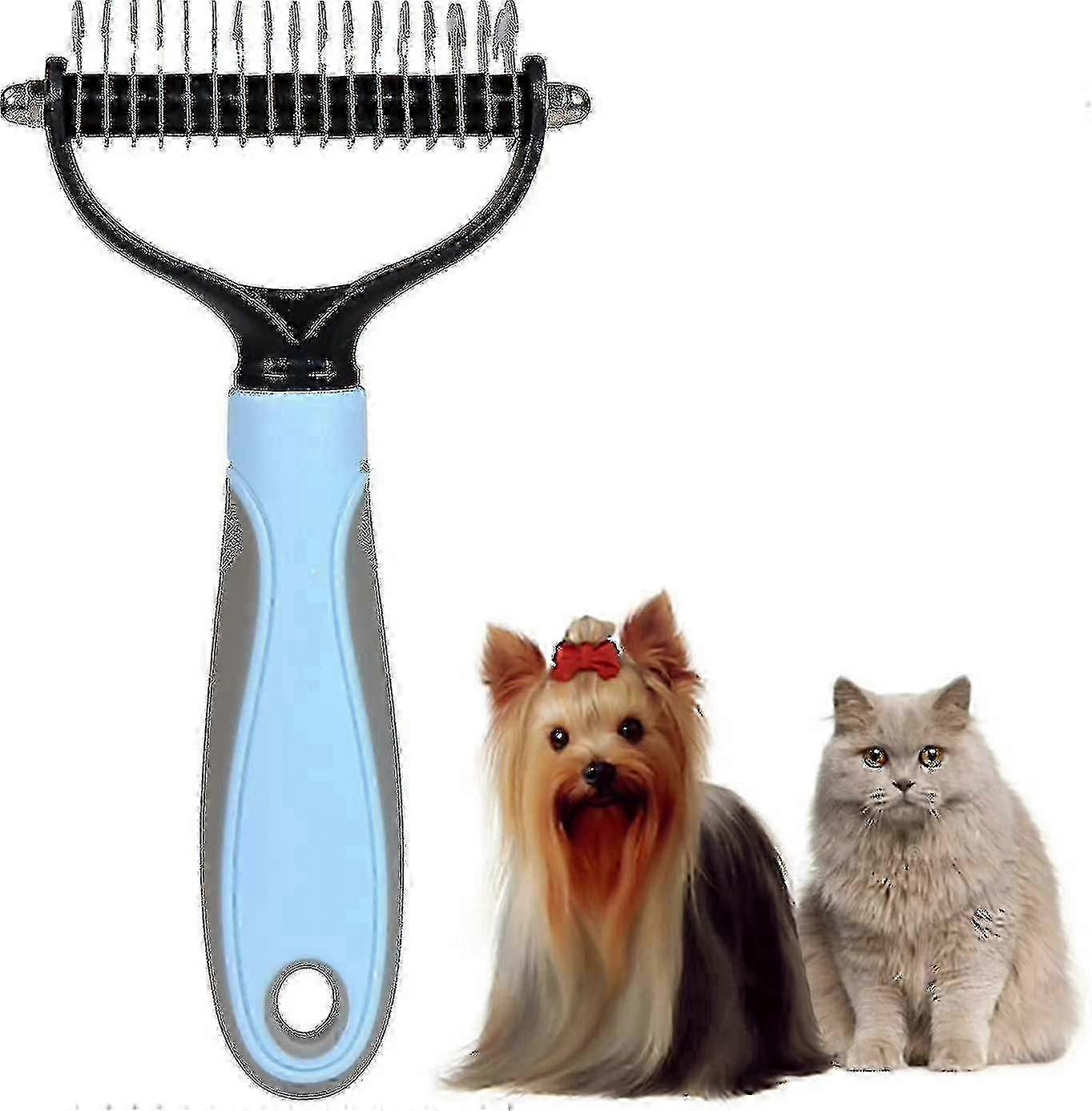 Cat Brush Dog Grooming Rake, 2 Sided Pet Grooming Tool Undercoat Rake For Deshedding, (blue)