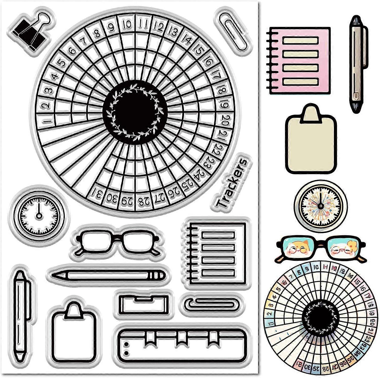 Habit Tracker Clear Stamp Clamp Clip Clock Notebook Eyeglasses Pen Calendar Pie Chart Silicone Transparent Stamp Seals for Journaling Card Making Scra