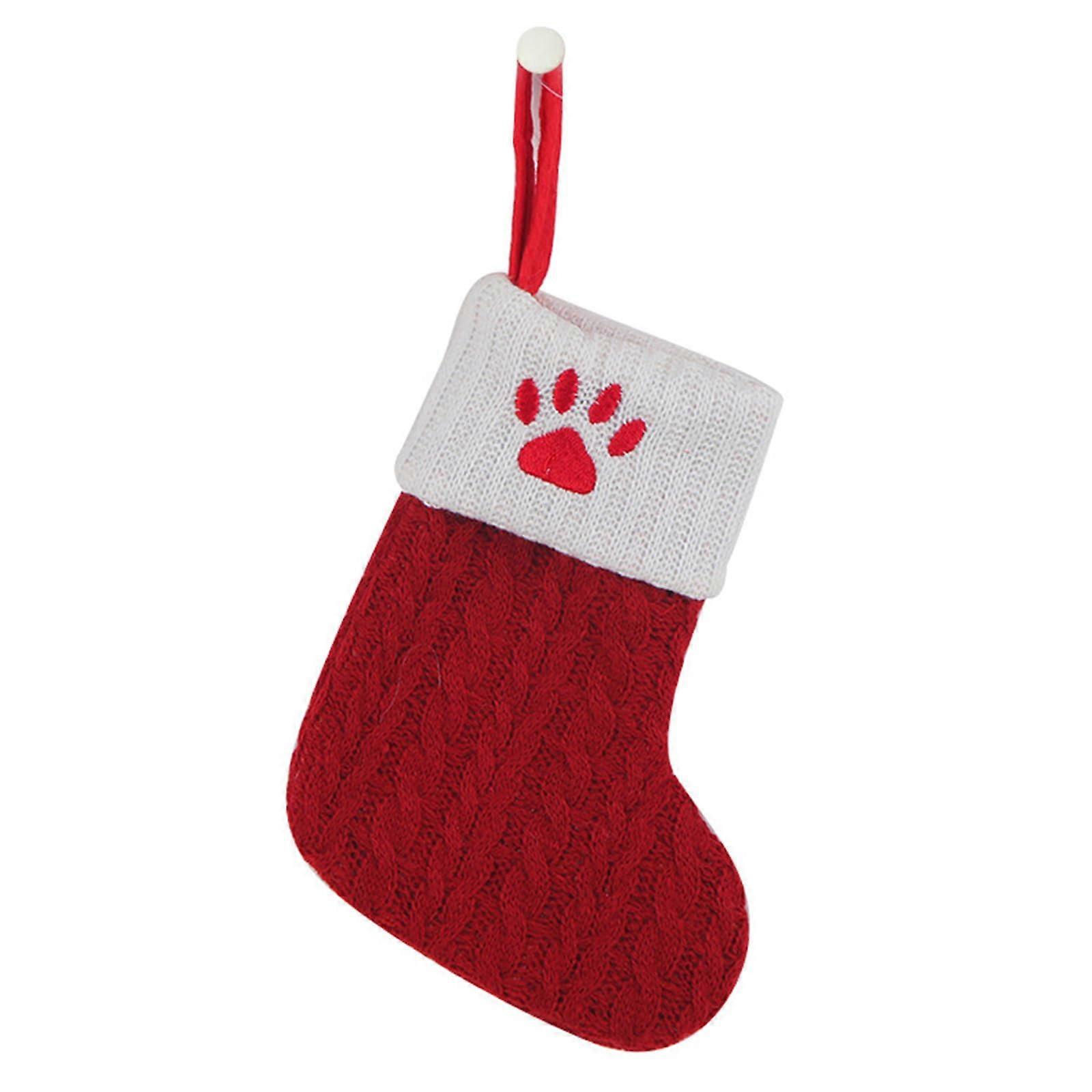 7 Inch Dog Paw Christmas Stocking Red Knit with Snowflake Pattern Mini Hanging Decoration for Tree