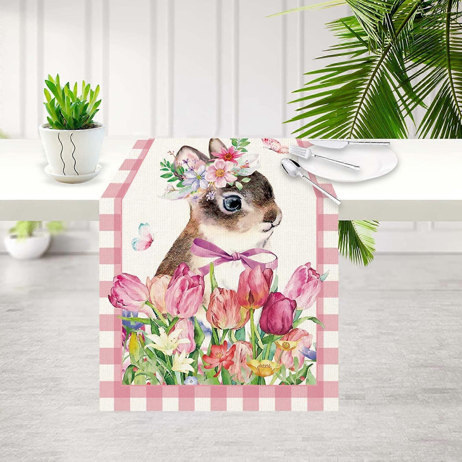 Table Flag Easter Table Runner Festive Bunny Egg Small Print Vintage Easter Decoration Linen Tablecloth Easter Home Decor