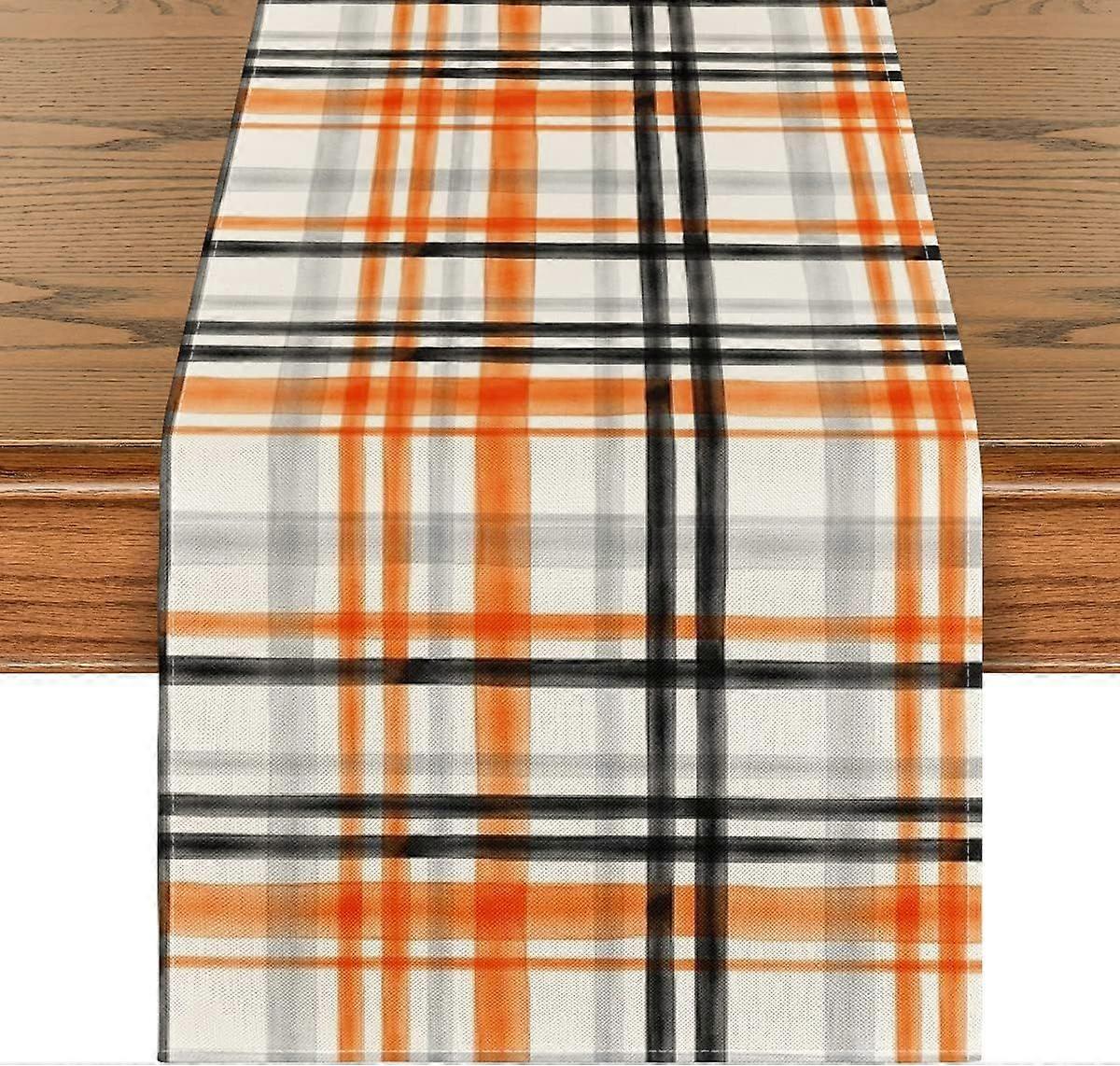 Orange Black Buffalo Plaid Fall Table Runner, Halloween Kitchen Dining Table