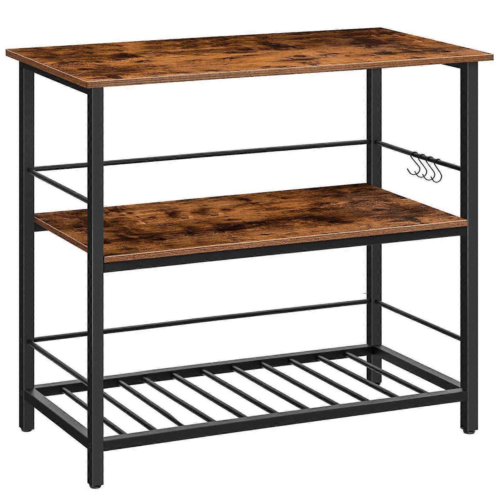 Rustic Brown Kitchen Island Table with Wine Rack, 3Tier Shelves, Extra Prep Space, Protective Rails