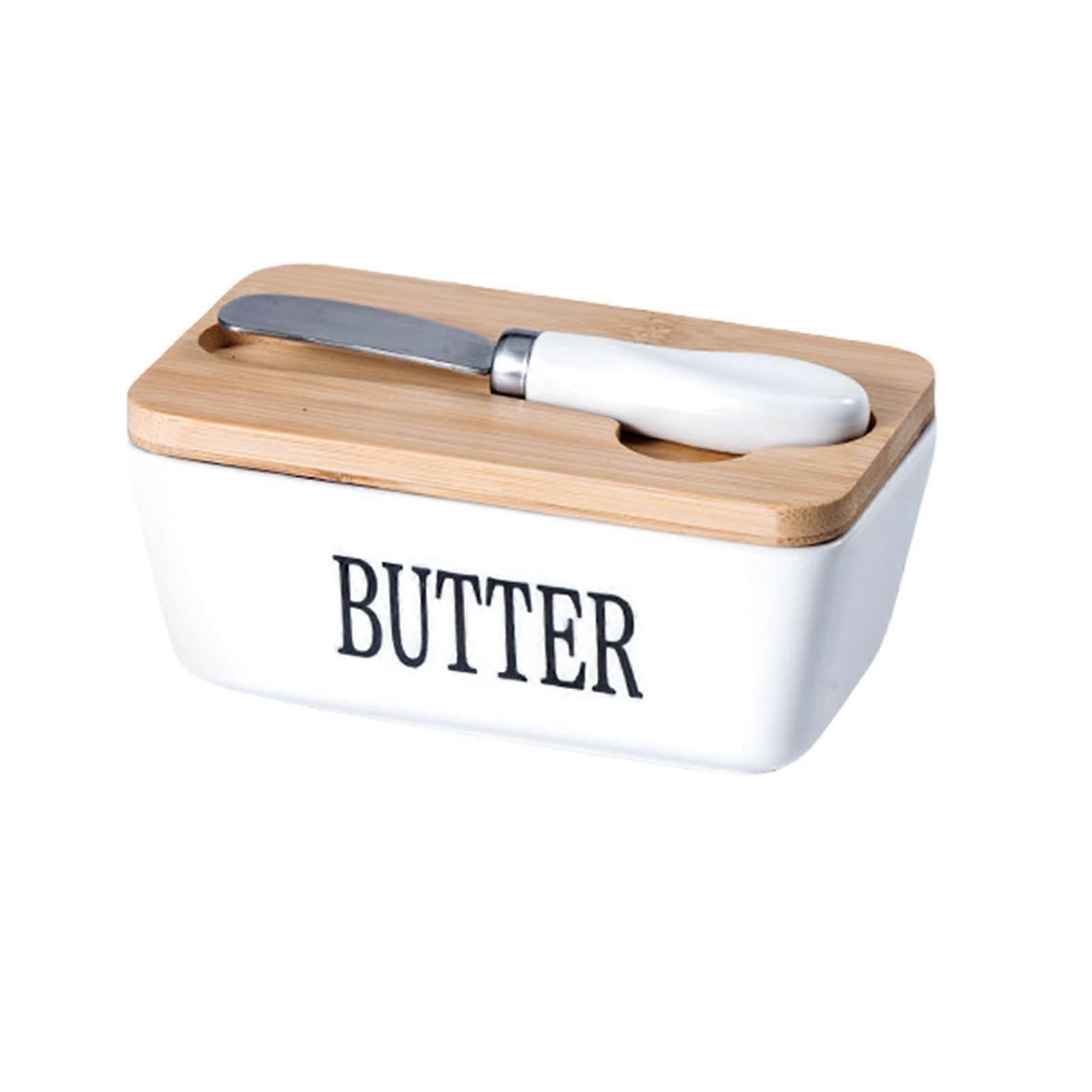 Butter Dish with Lid, Large White Ceramic Keeper with Airtight Seal and Knife Groove for Countertop
