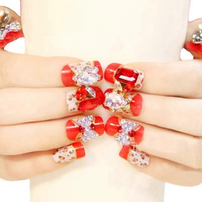 Red Press On Nails with 3D Bow Crystal Design, 24pcs False Nail Tips with Adhesive Sheets