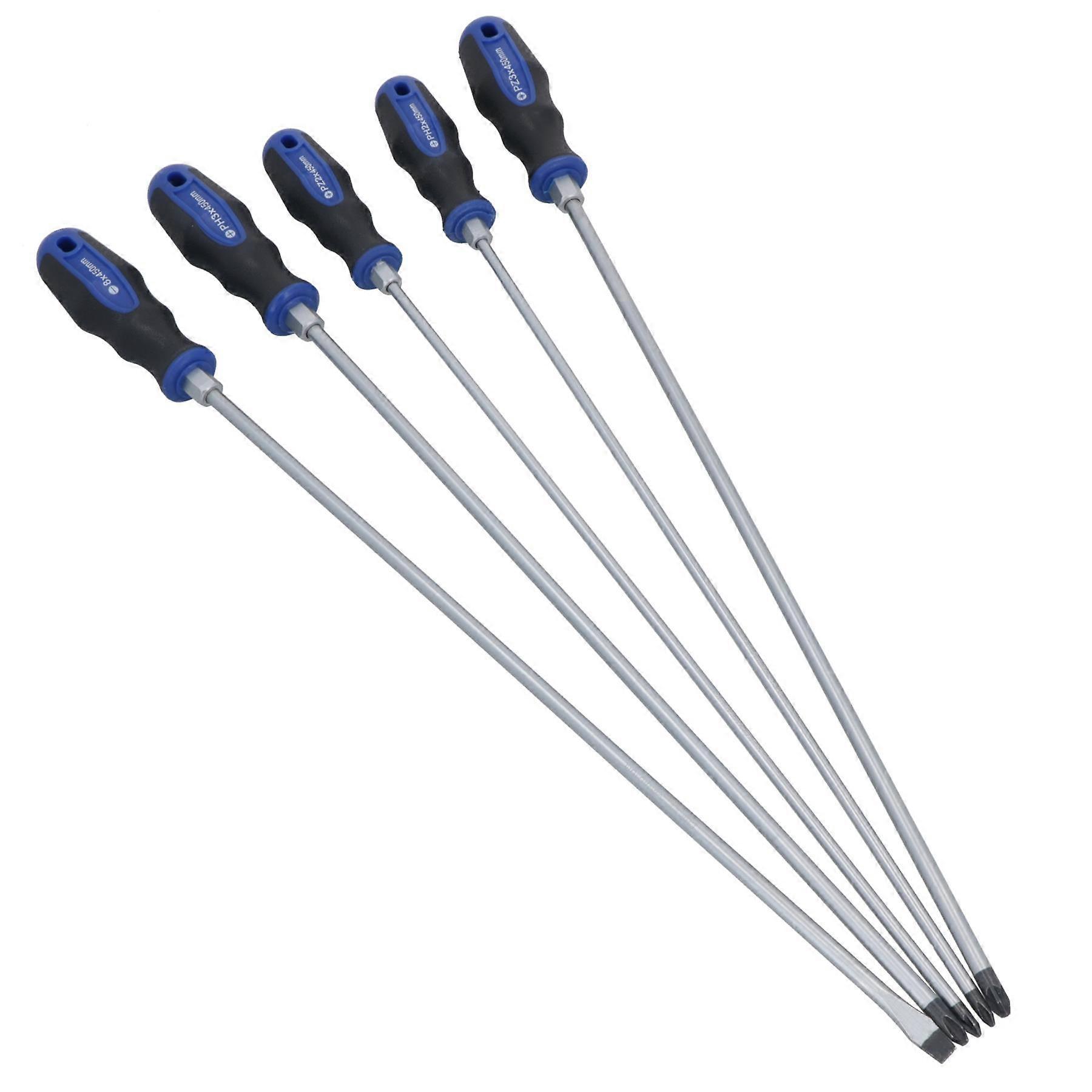 5pc Extra Long Screwdriver Flat Slotted Pozi Phillips Headed Total Length 450mm