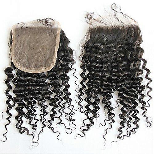 Fecho de renda 4x4 com cabelo humano virgem brasileiro crespo cacheado, preto natural 1B, 30 cm (12 polegadas)