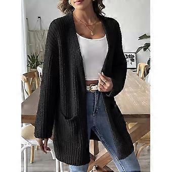 Open Front Women Casual Fall Sweater Long Sleeve with Pockets Sweater Cardigan Black M