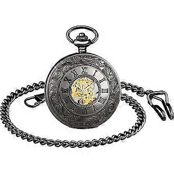 Mechanische Herren-Taschenuhr – Vintage-Zifferblatt mit römischen Ziffern, hohles Design, Handaufzug, Edelstahlkette