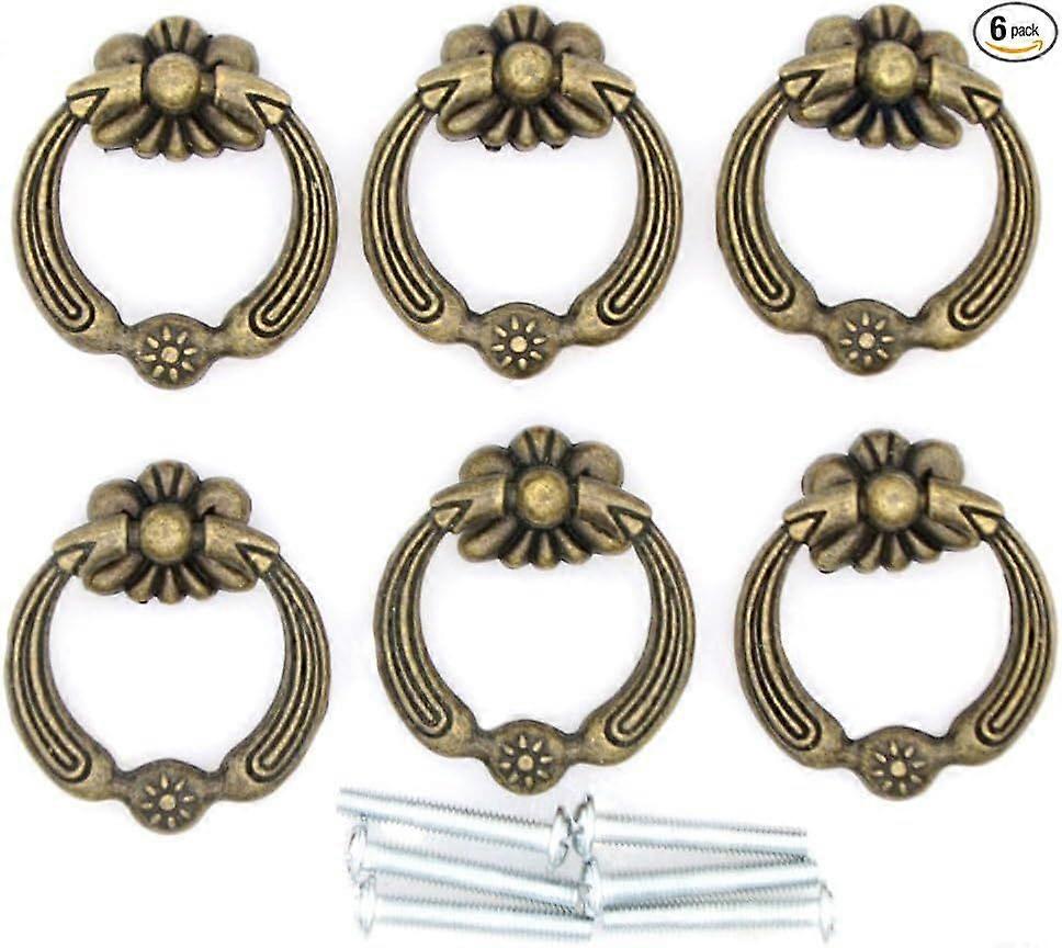 6 PCs Cabinet Ring Pulls with Antique Brass Finish