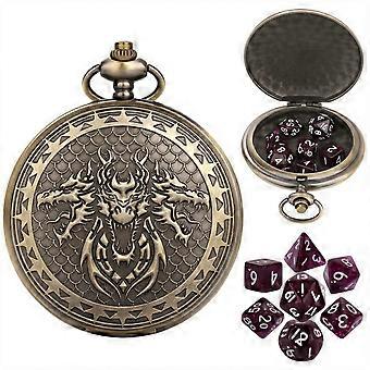 Crafted Mystery Dice Set With Steampunk Pocket Watch Case Featuring 3 Dragon Heads DnD Adventures
