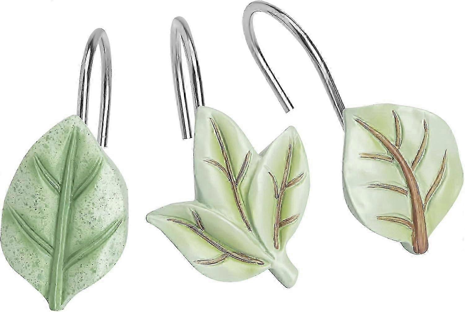 12PCS Green Eucalyptus Leaf Shower Curtain Hooks Rustproof Metal Bathroom Deco