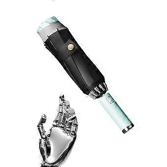 Automatic Reverse Folding Umbrella with LED Light Handle, Reflective Safety Edges, Windproof AntiUV Compact Travel Size (Light Blue)