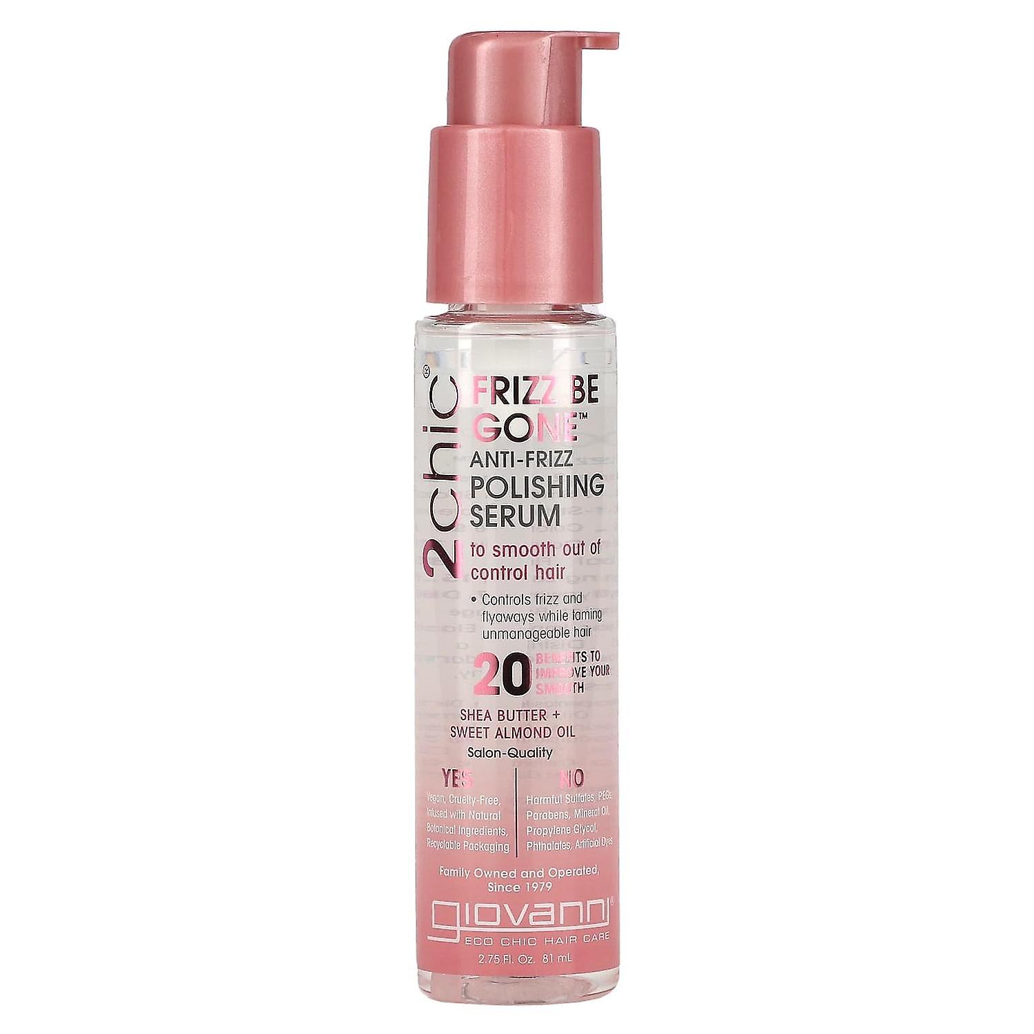 Giovanni, 2chic، مصل تلميع مضاد للتجعد من Frizz Be Gone ، زبدة الشيا + زيت اللوز الحلو، 2.75 فلوريدا