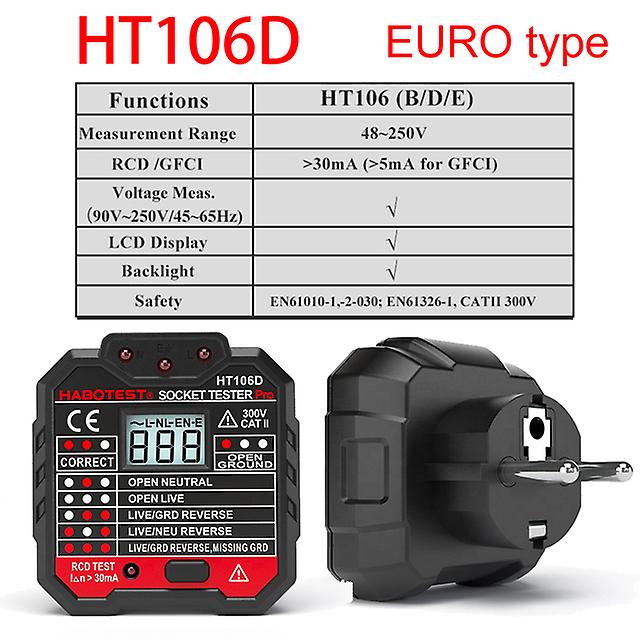 Habotest Ht107 Socket Tester Pro Voltage Test Rcd 30ma Socket Detector Uk Eu Plug Ground Zero Line Plug Polarity Phase Check