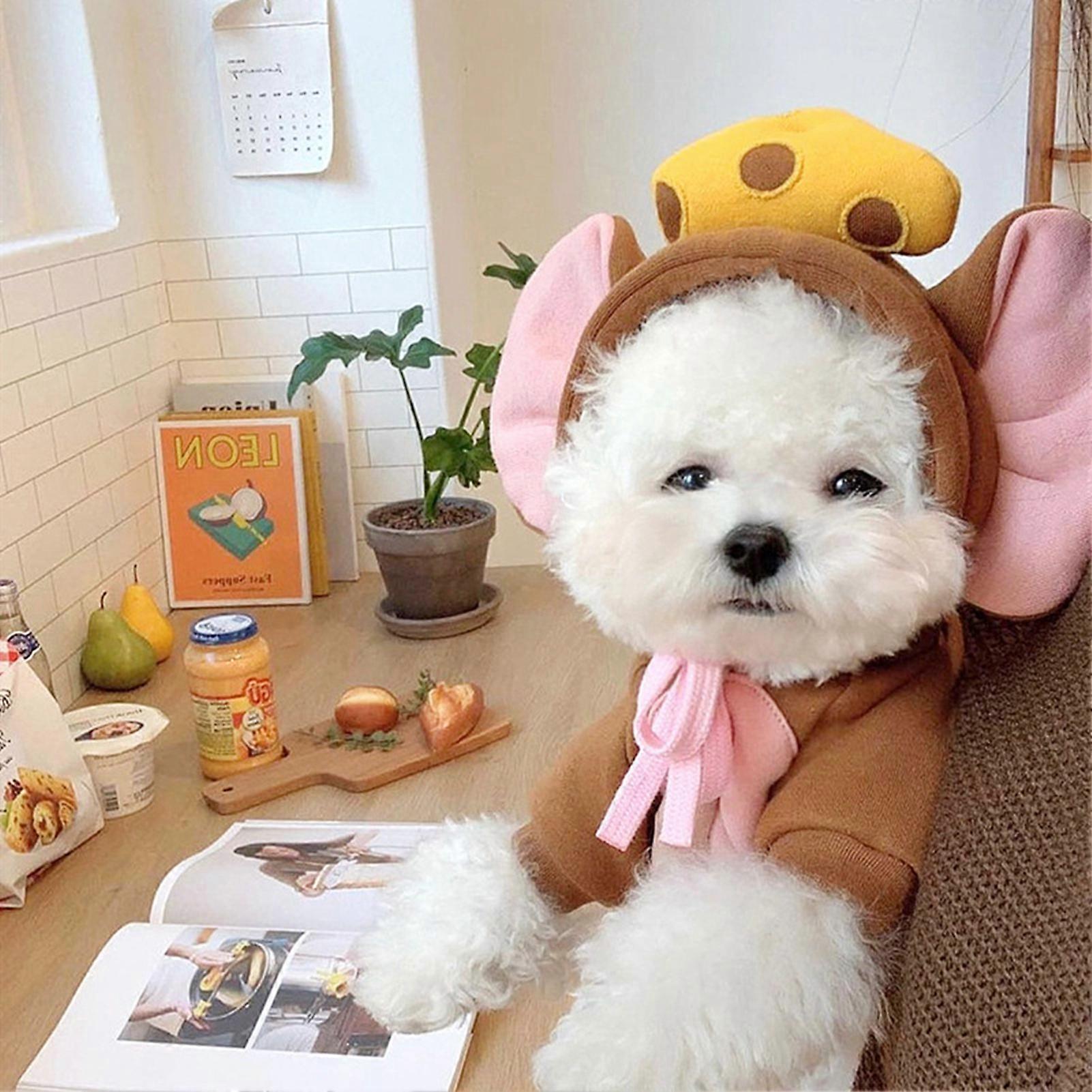 Pet Warm Outfits Soft Elastic Cute Mouse Ears Cheese Hooded Two Legged Dog Clothes for Puppy Cat Autumn Winter Coffee Color L