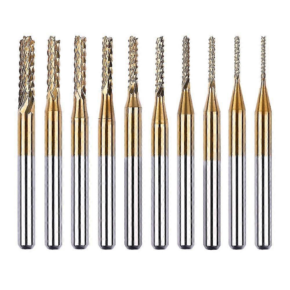 10pcs Titanium Coat Carbide End Milling Engraving Bits, 1/8 Inch Shank Cnc Rotary Burrs Bit Set , 0.8mm-3.175mm