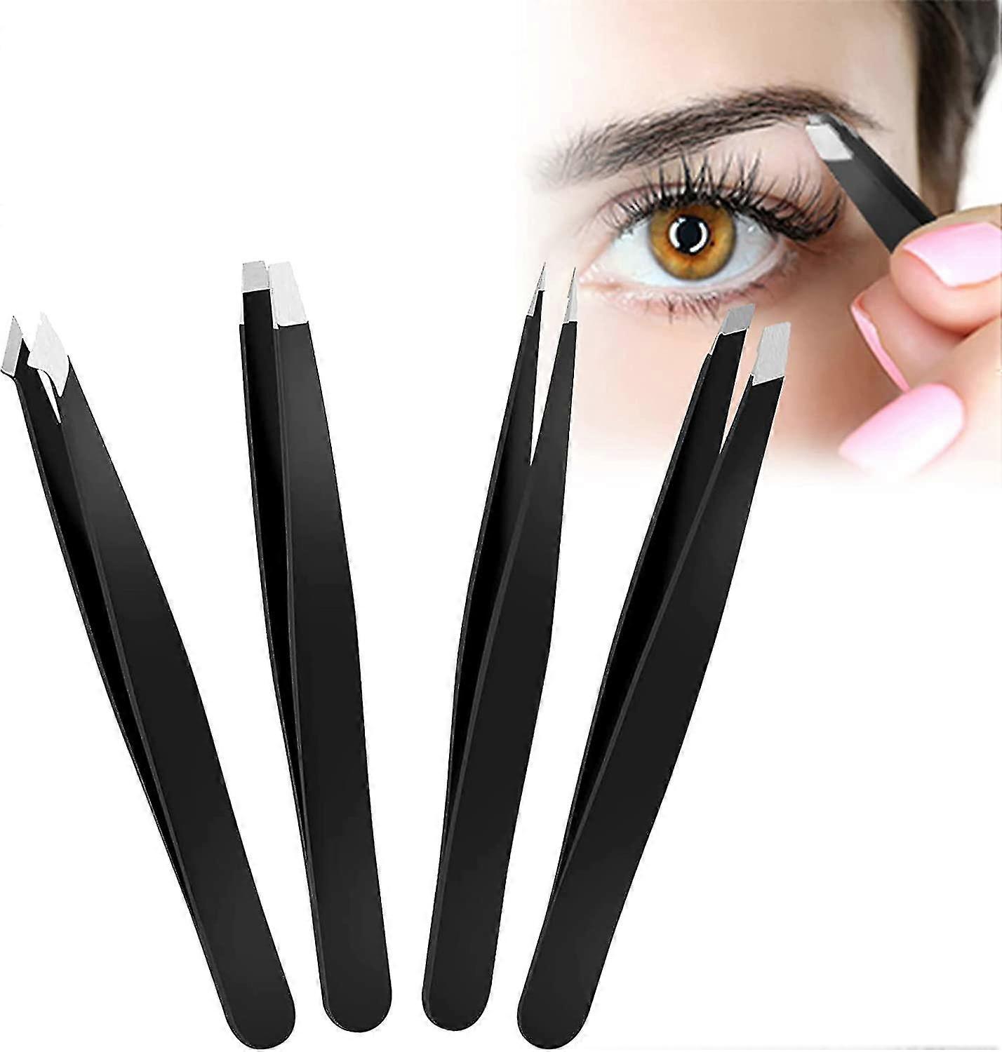 Tip Tweezers Set, Stainless Steel, Modified Tip And Slanted Eyebrow, 4 Pieces, Black