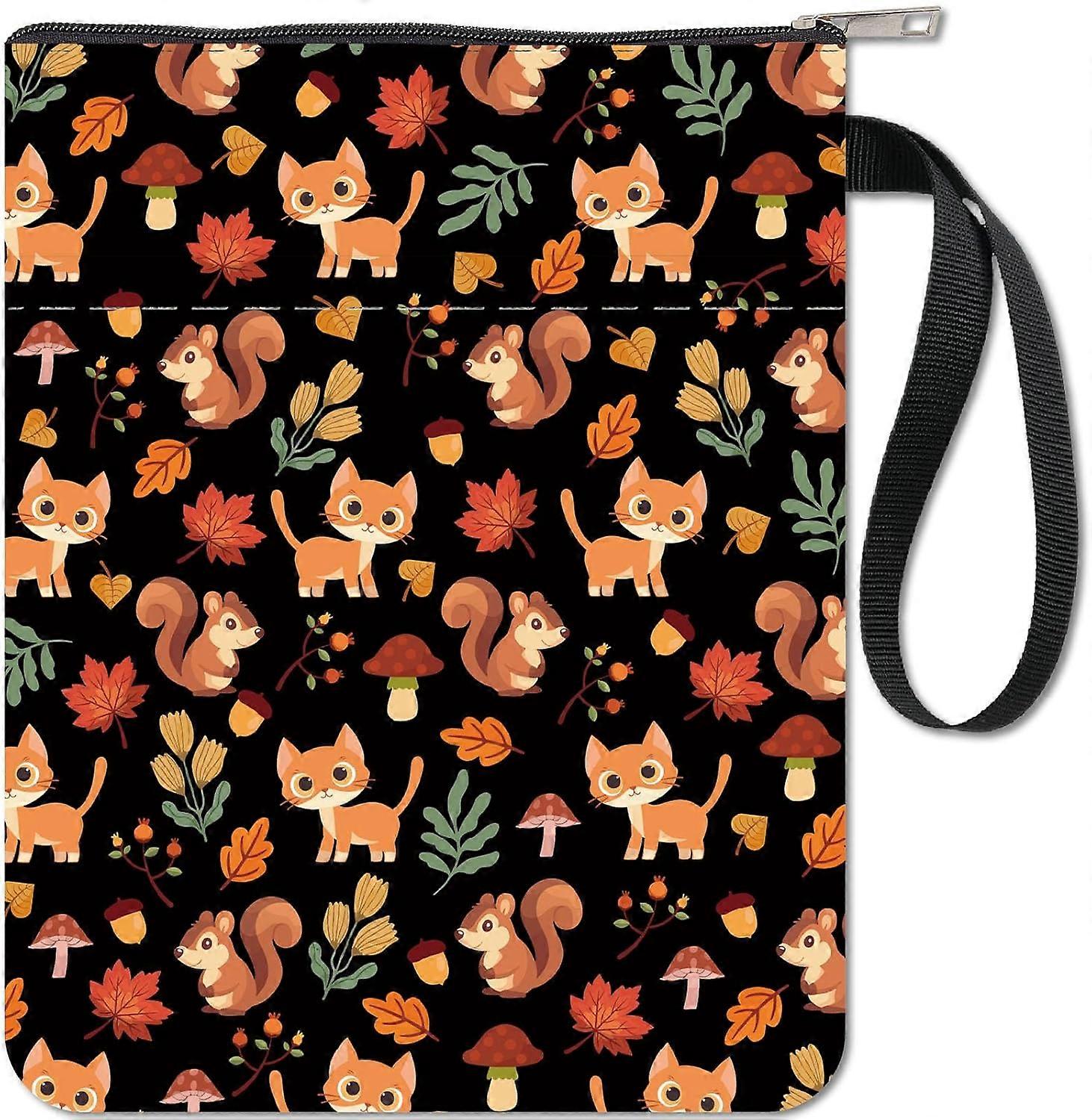Cat Book Sleeve Squirrel Book Protector Autumn Book Covers for Paperbacks Washable Fabric Cloth Book Cover with Zipper and Extra Sleeve Pocket for Boo