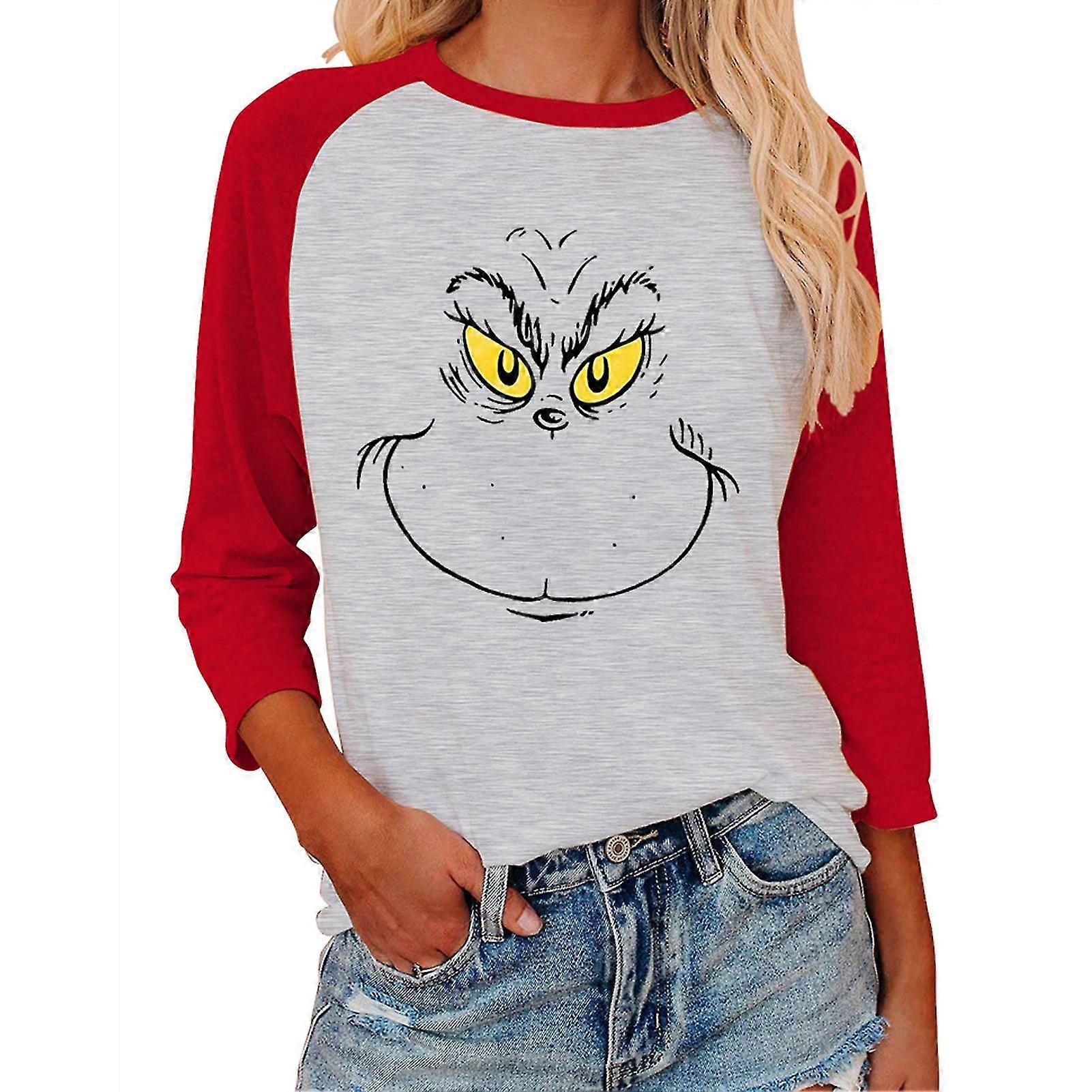 Women Shirt Fall Winter Crew Neck Polyester Face Print Pullover 3/4 Sleeve Basic