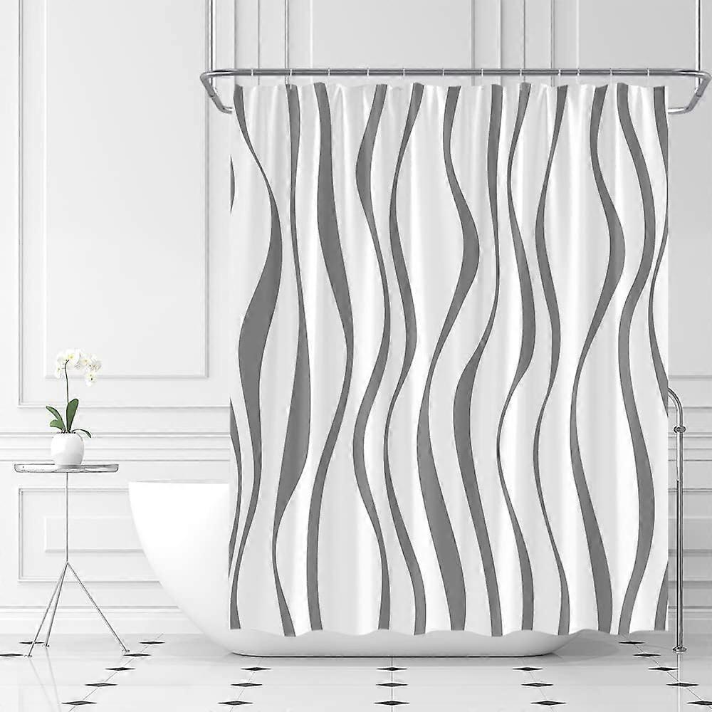 Gray and White Shower Curtain Modern Stripe Simple Fashion Line Waves Curve Aesthetic Minimalist Fabric Bathroom Decor Set with Hooks(48" WX72 H)