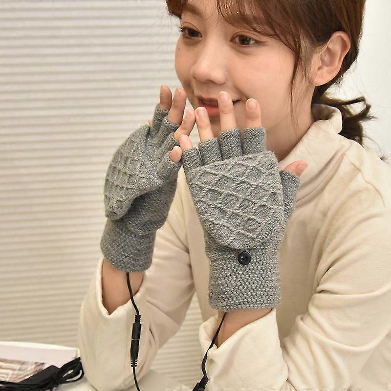 USB Heated Gloves for Women and Men Winter Hand Mitten (Gray) Warm Laptop Gloves, Full and Half Heated Fingerless Heated Hand Warmers