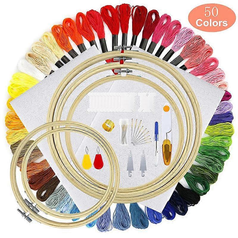 Embroidery Cross Stitch Kit with Instructions, 5 Embroidery Hoops, 50 Colored Threads, 2 Pieces of Aida Cloth a Cross Stitch Tool Kit for Beginners